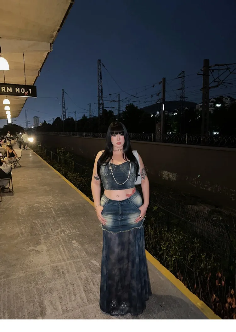 Bella Denim Blue French Vinntage Patchwork Dyed Chiffon Fishtail Long Skirt