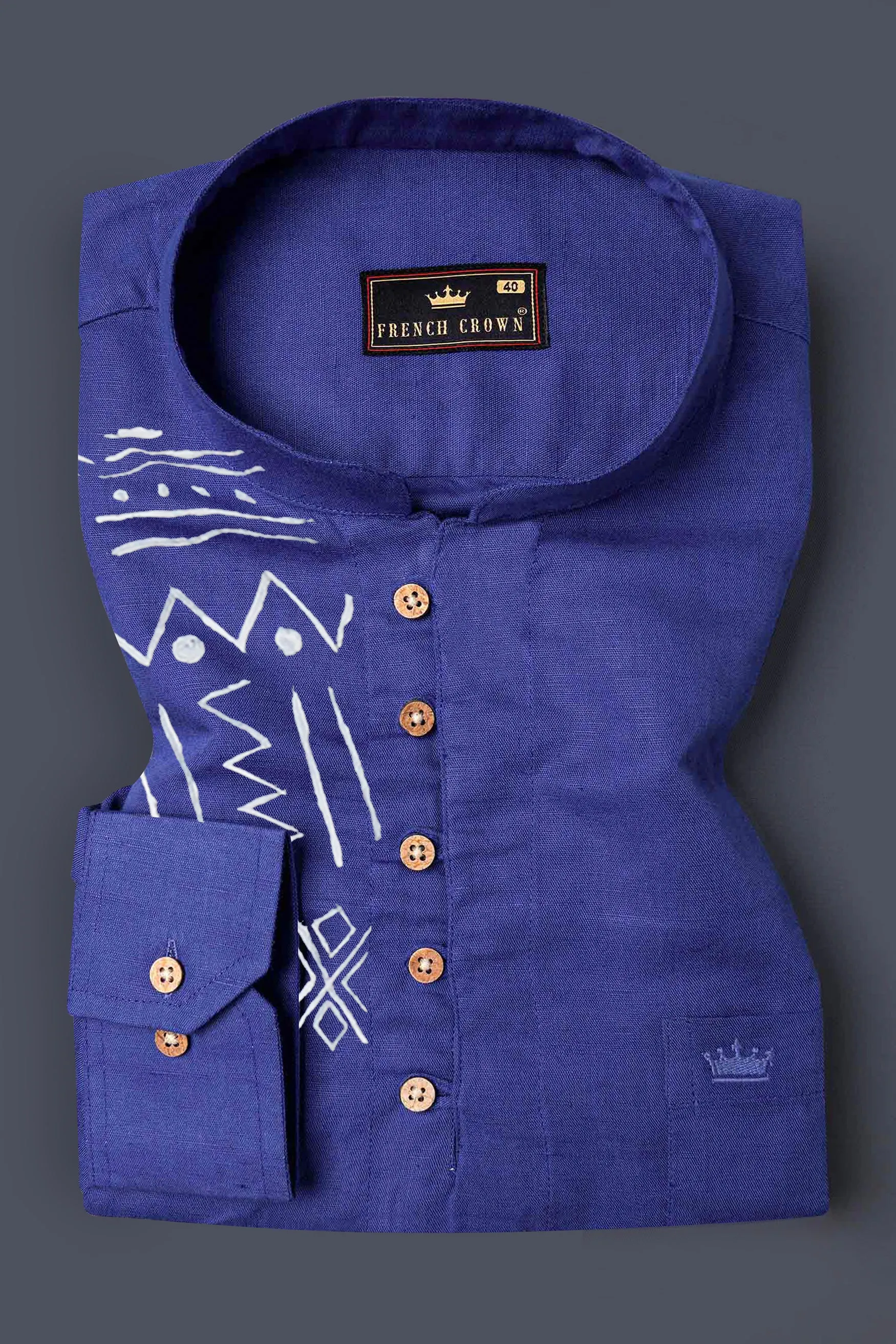 Berry Blue Tribal Hand Painted Luxurious Linen Kurta Shirt