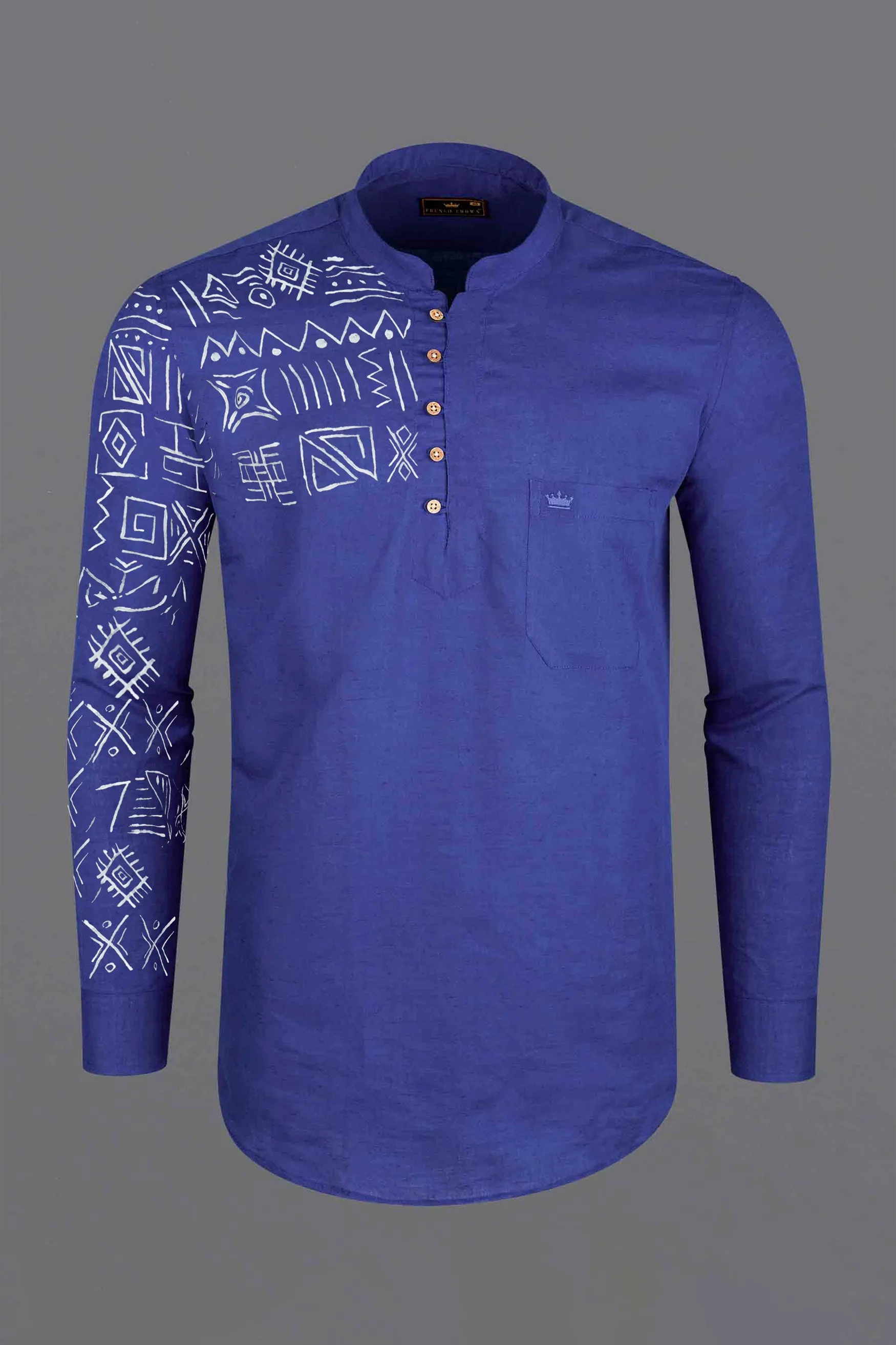 Berry Blue Tribal Hand Painted Luxurious Linen Kurta Shirt