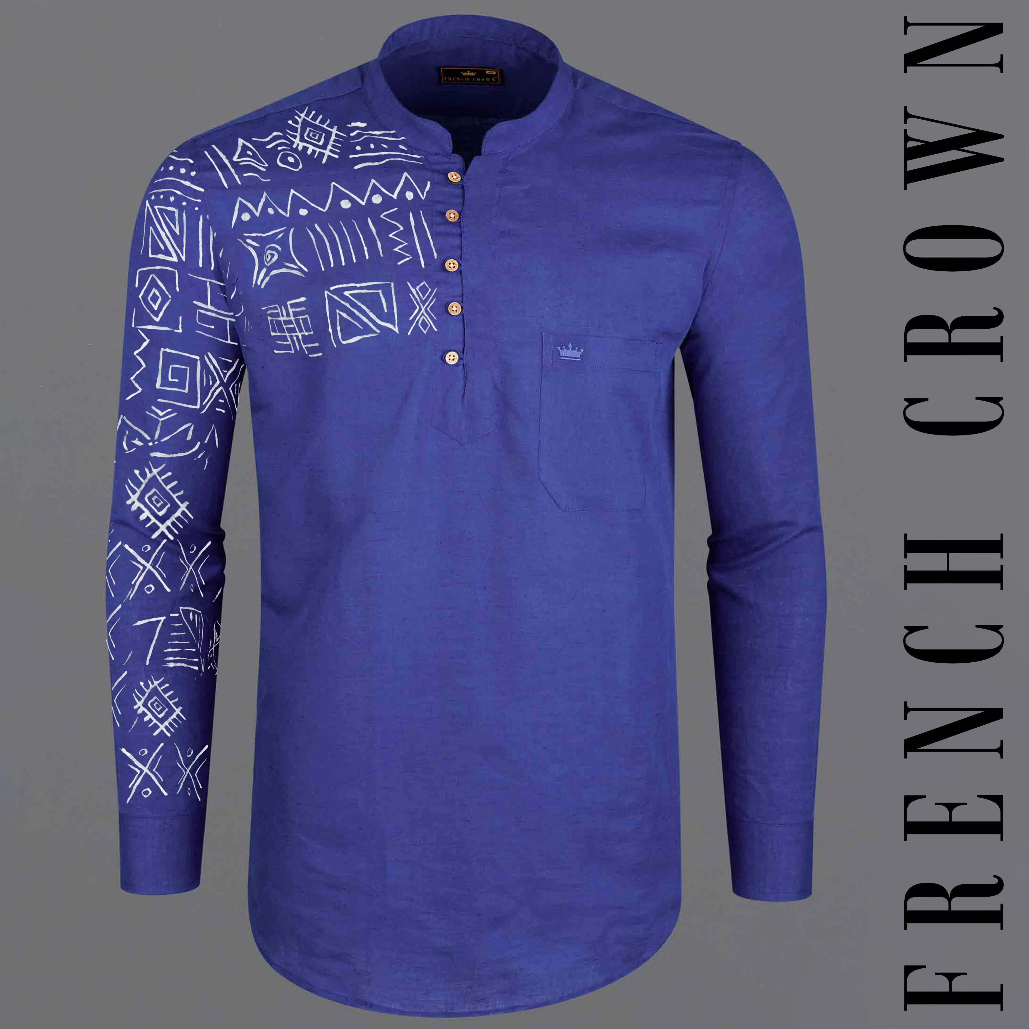 Berry Blue Tribal Hand Painted Luxurious Linen Kurta Shirt
