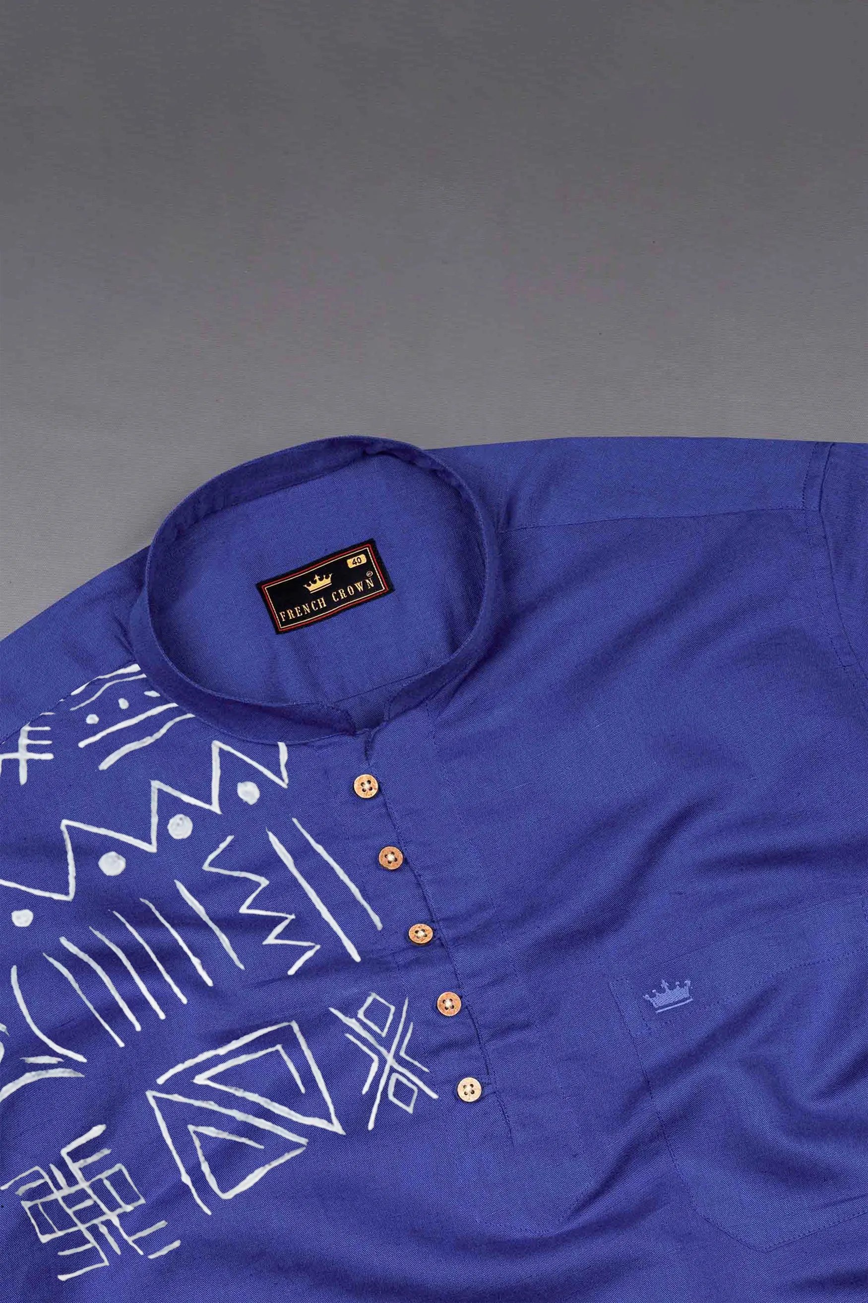 Berry Blue Tribal Hand Painted Luxurious Linen Kurta Shirt