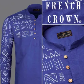Berry Blue Tribal Hand Painted Luxurious Linen Kurta Shirt