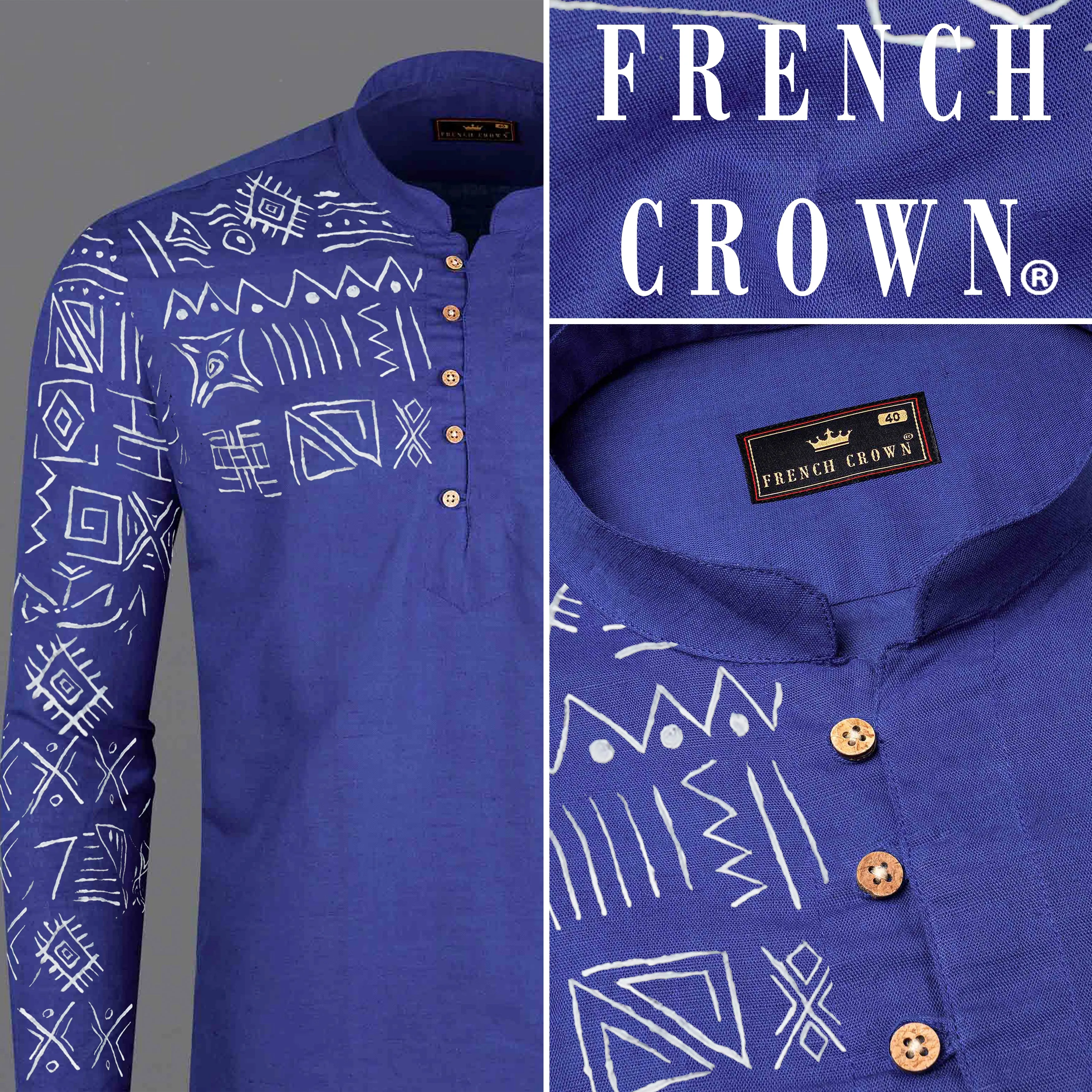 Berry Blue Tribal Hand Painted Luxurious Linen Kurta Shirt