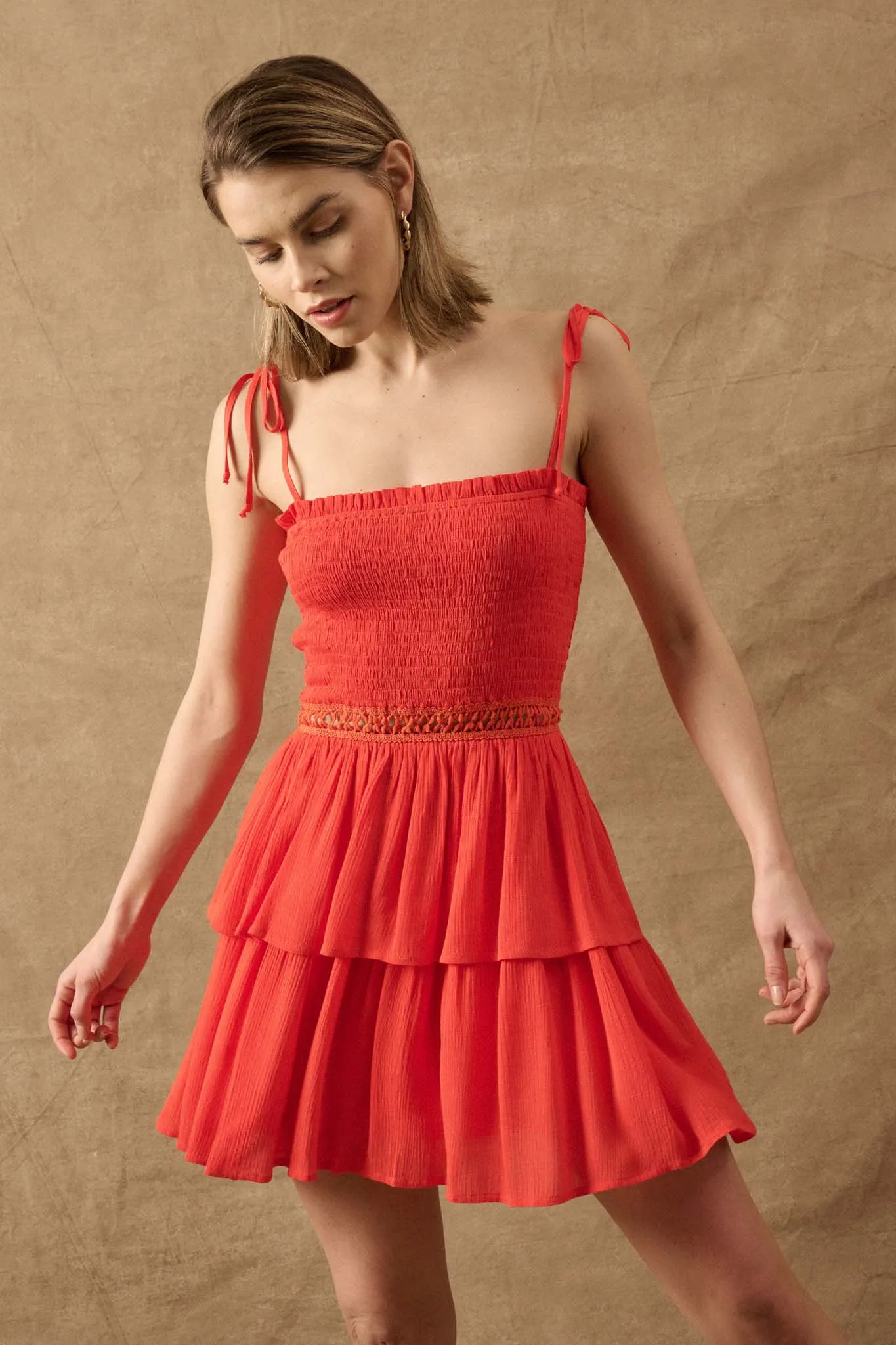 Bright Spirit Smocked Crepe Ruffled Mini Dress