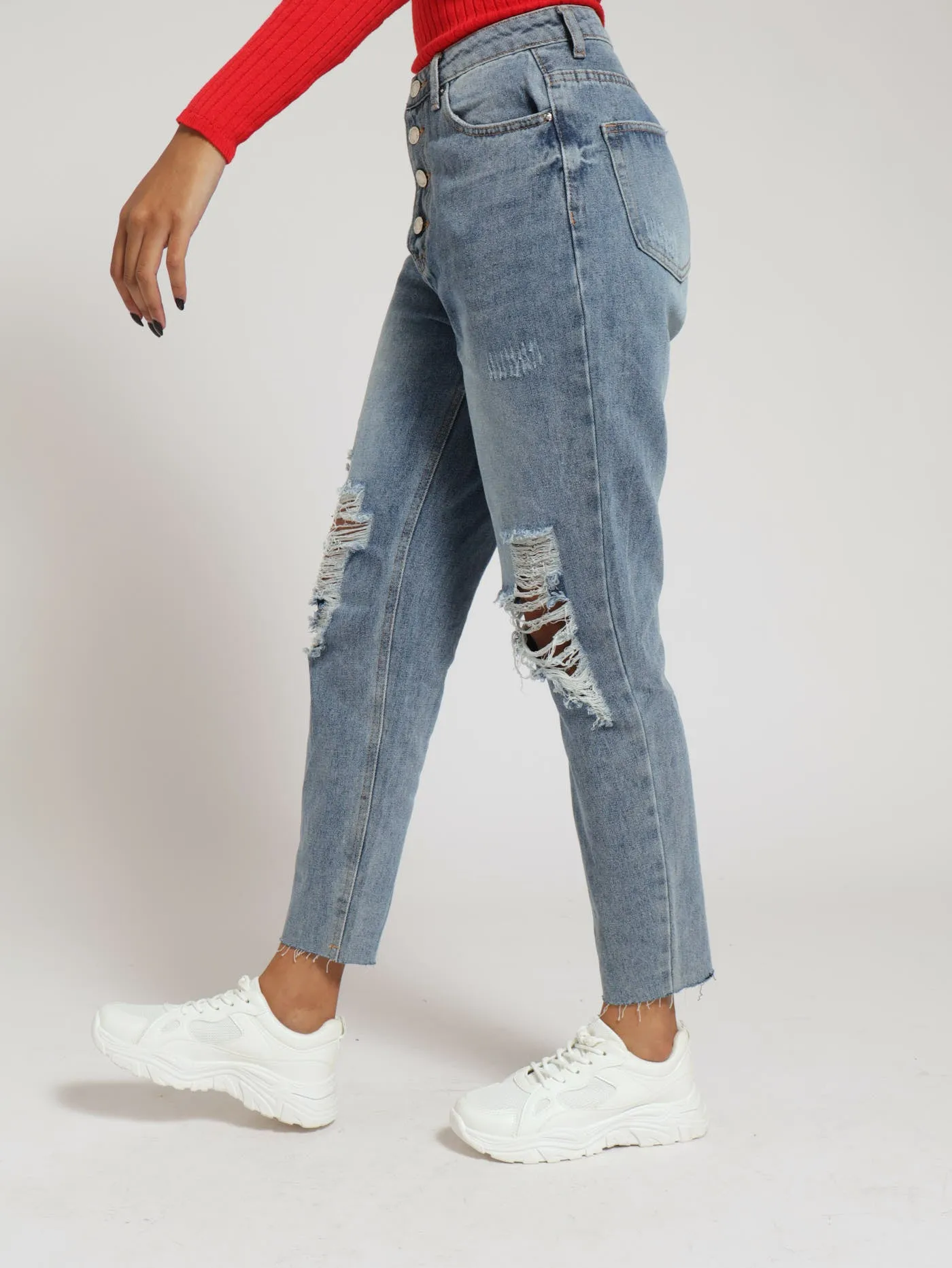 Button Fly Abraised Mom Jean - Stonewash