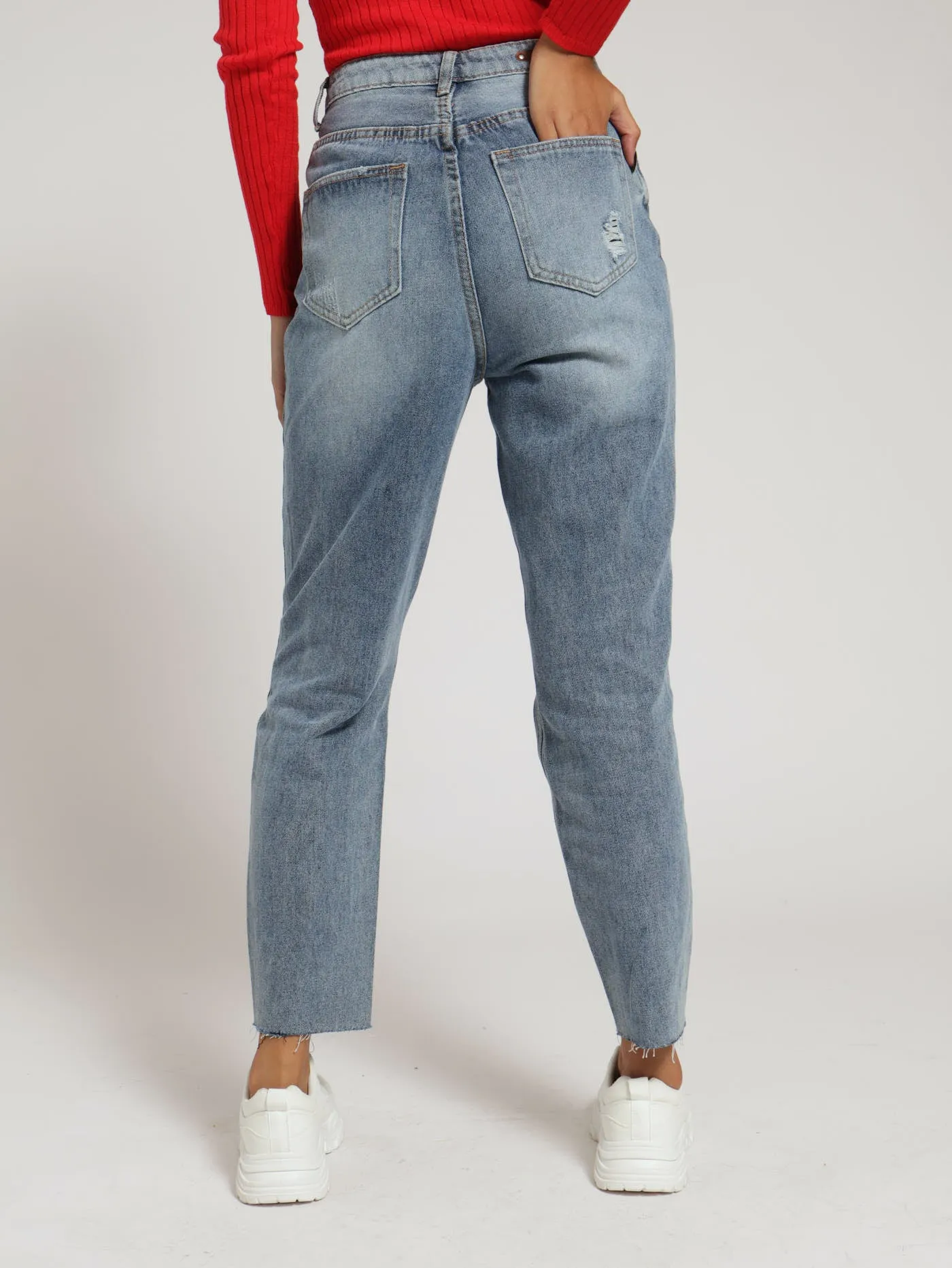 Button Fly Abraised Mom Jean - Stonewash