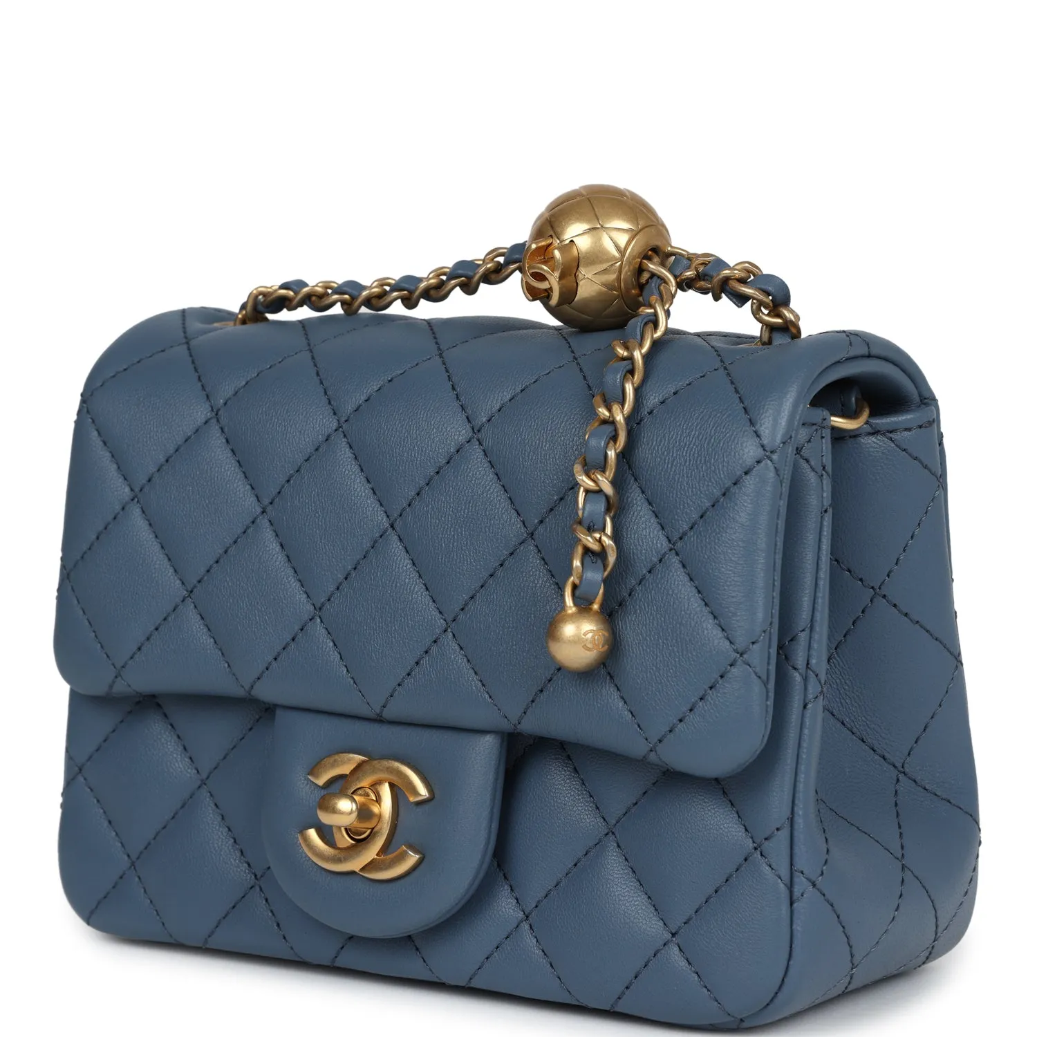Chanel Mini Square Pearl Crush Flap Blue Lambskin Antique Gold Hardware