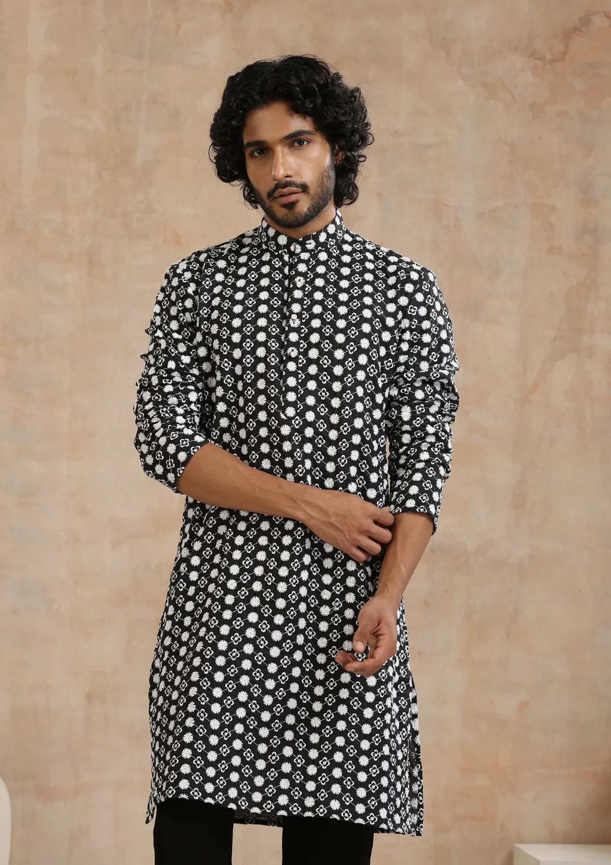 Cotton Blended Schiffli Solid Men's Long Kurta - Black