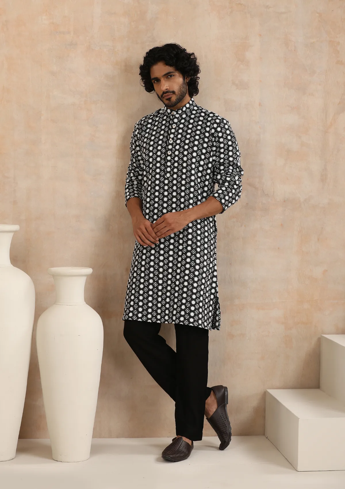 Cotton Blended Schiffli Solid Men's Long Kurta - Black