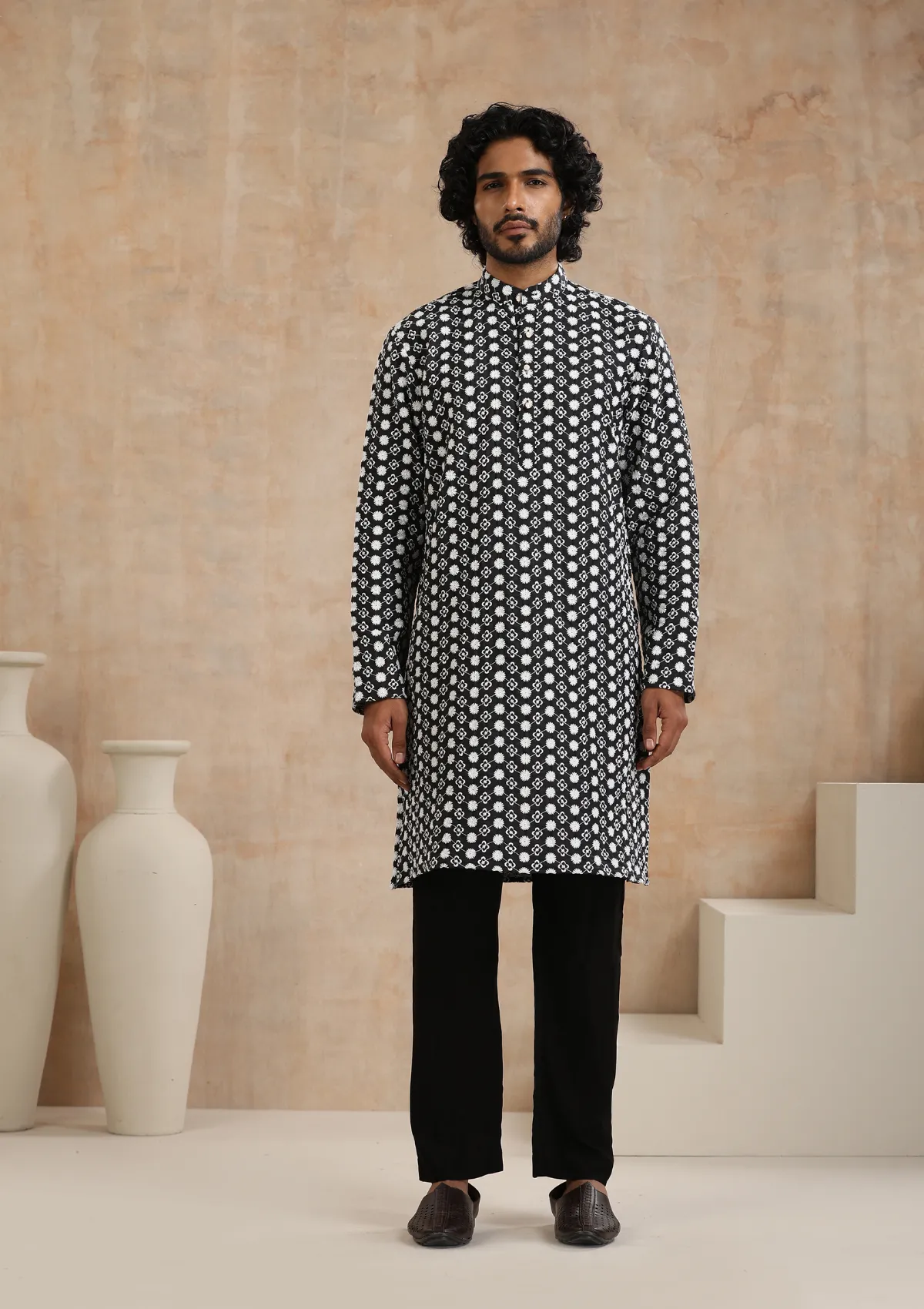 Cotton Blended Schiffli Solid Men's Long Kurta - Black