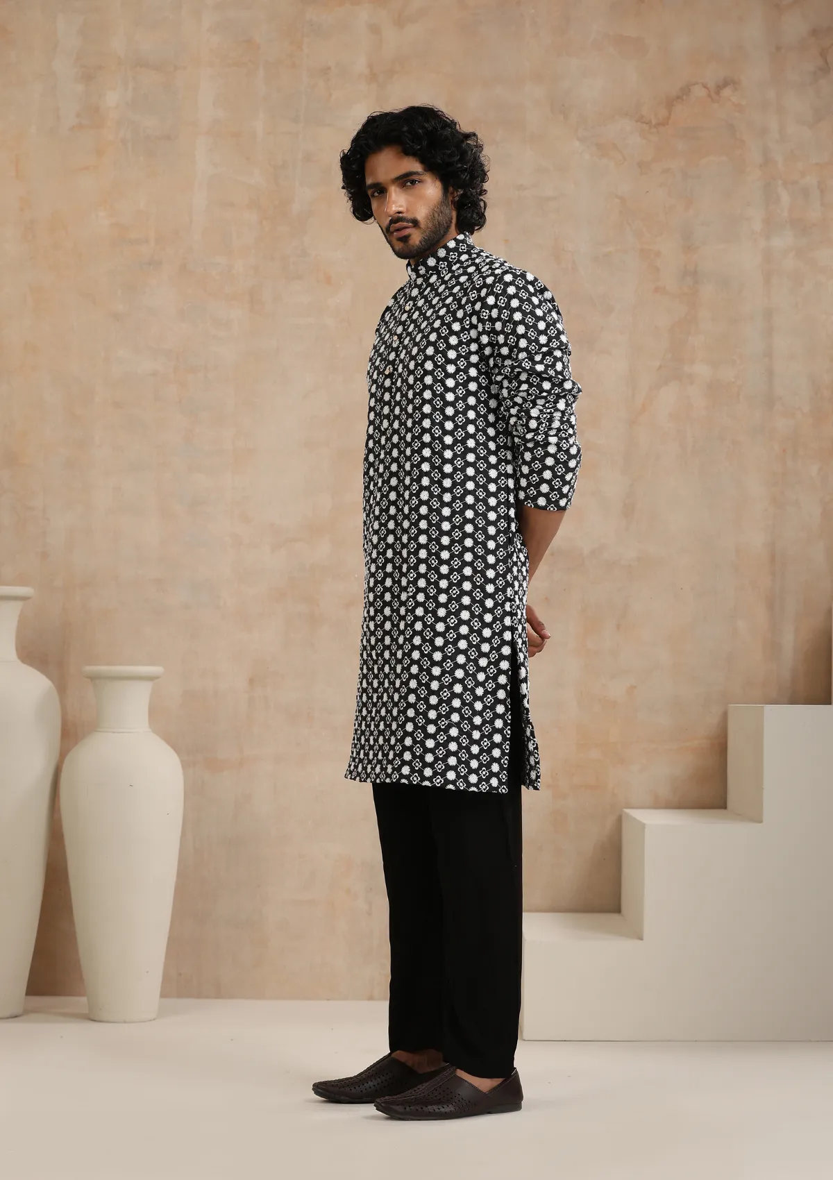Cotton Blended Schiffli Solid Men's Long Kurta - Black