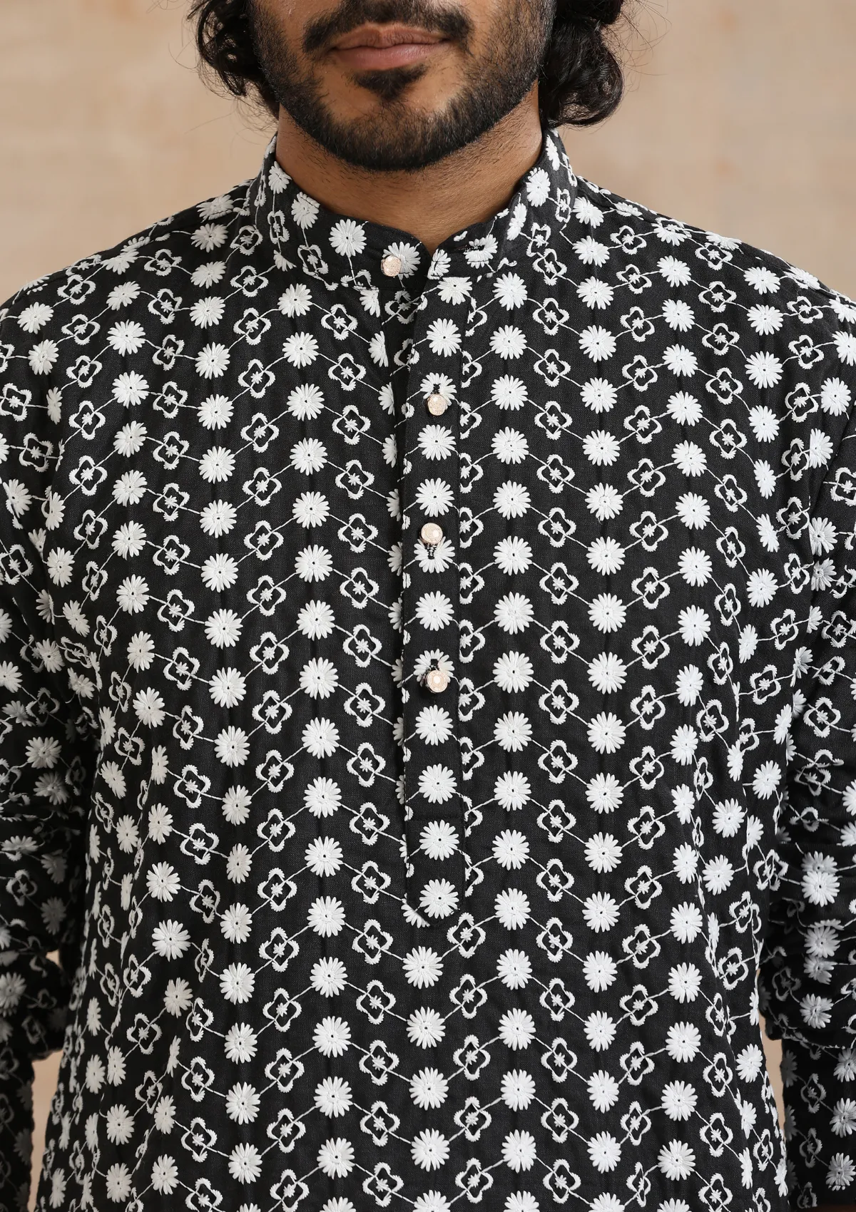 Cotton Blended Schiffli Solid Men's Long Kurta - Black