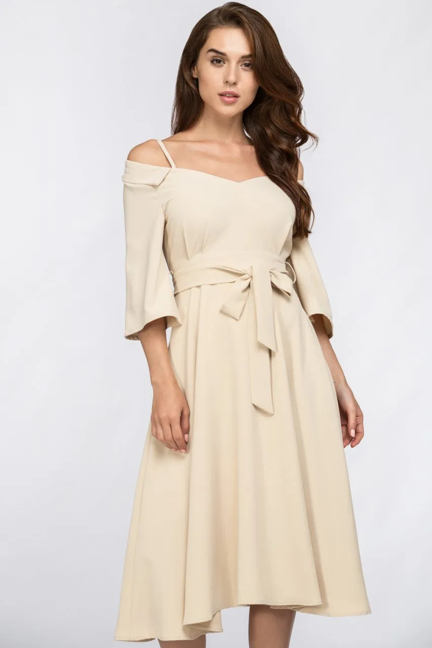 Cream Off Shoulder Chelsea Collar Midi Dress