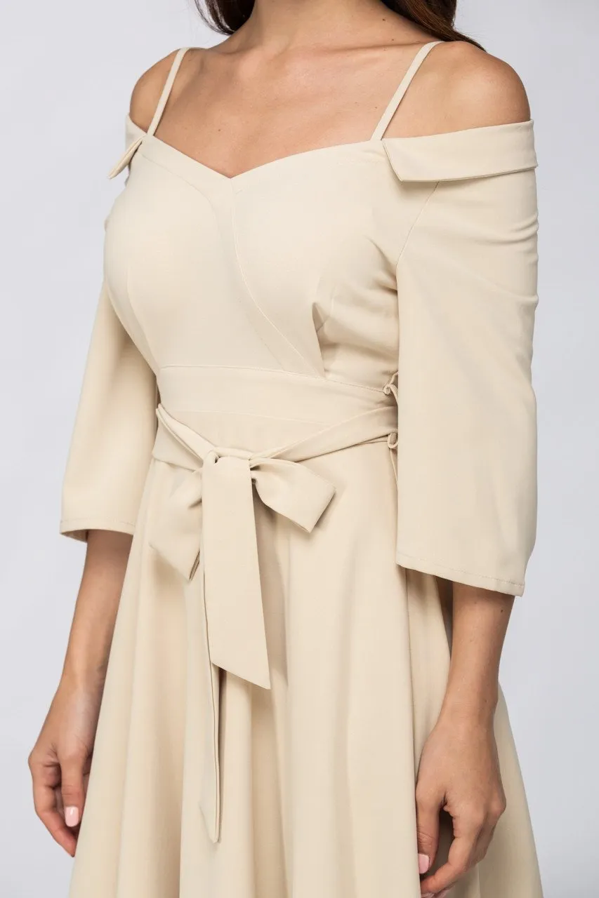 Cream Off Shoulder Chelsea Collar Midi Dress