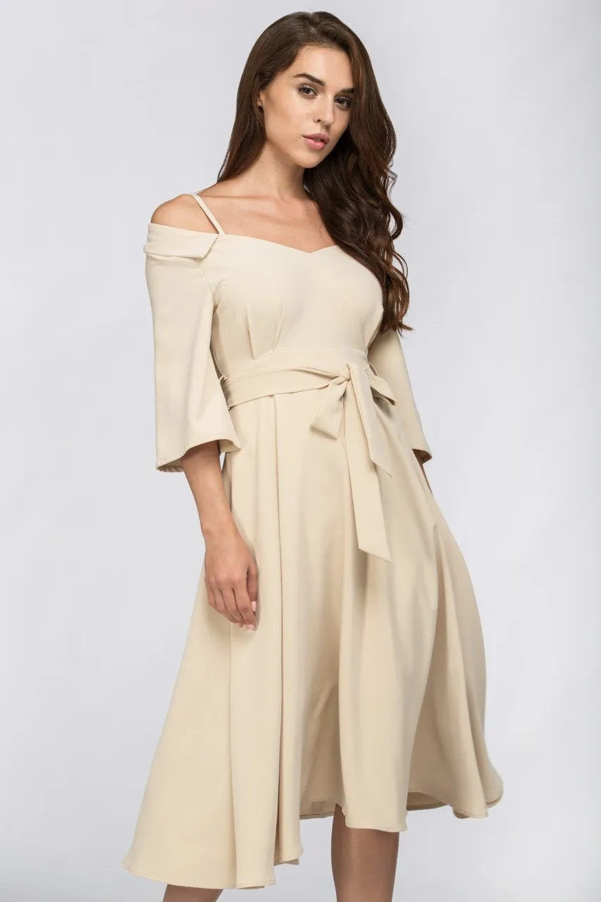 Cream Off Shoulder Chelsea Collar Midi Dress