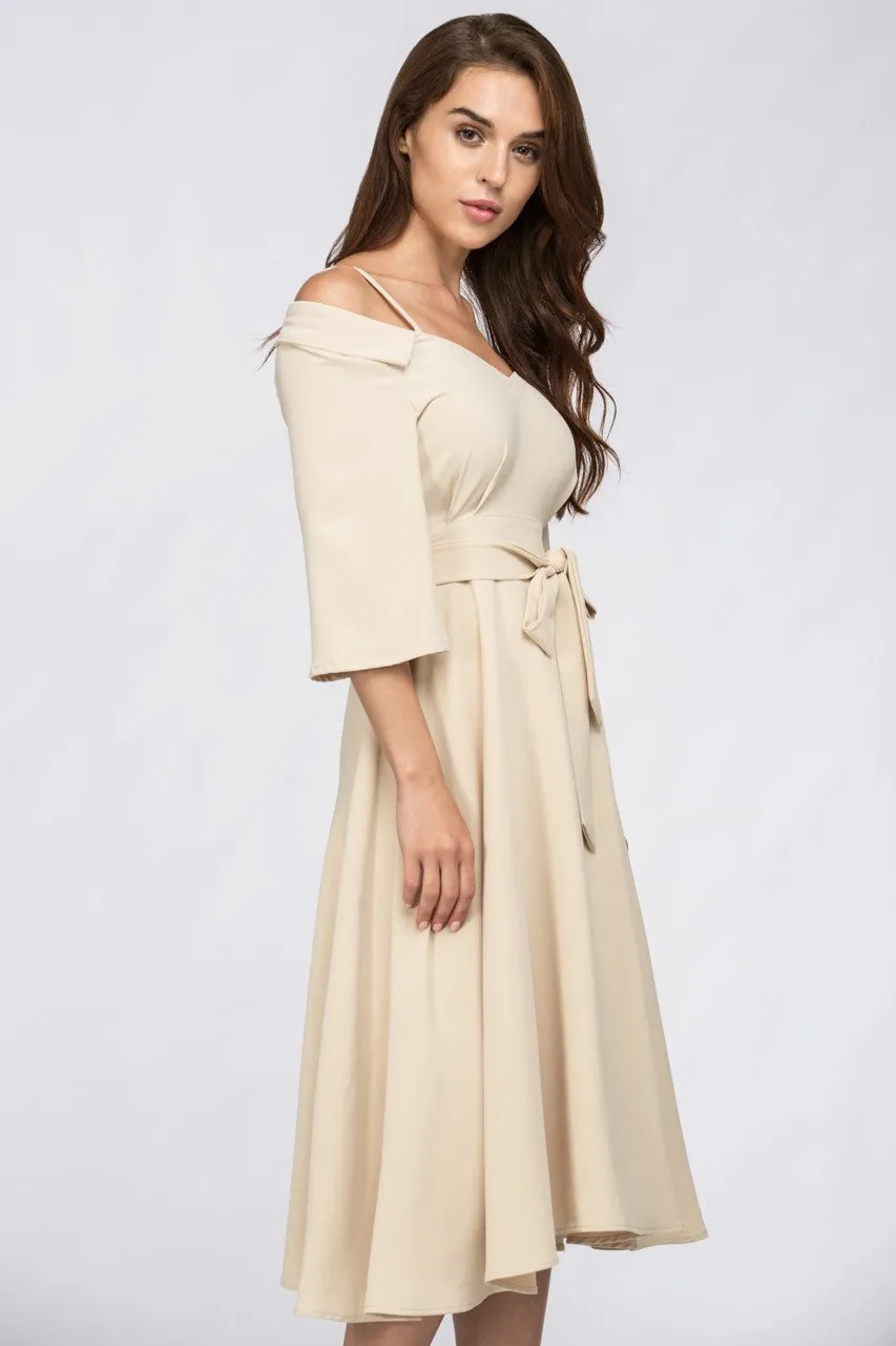 Cream Off Shoulder Chelsea Collar Midi Dress
