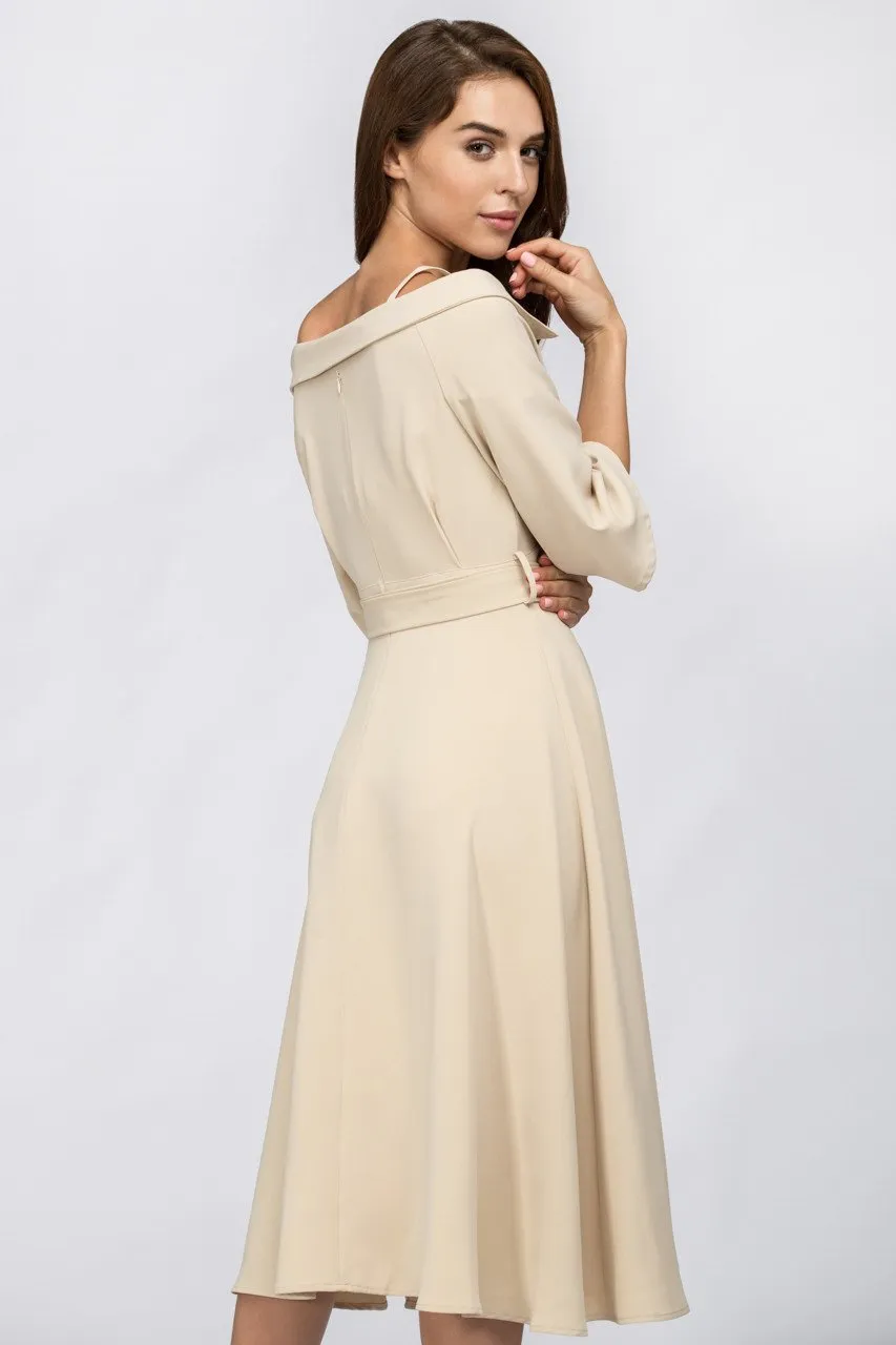 Cream Off Shoulder Chelsea Collar Midi Dress