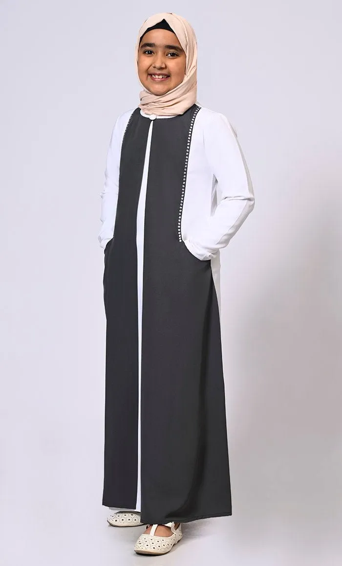 Double Layered Girl's Grey Abaya with Sequined Yoke and Front Pockets - Final Sale