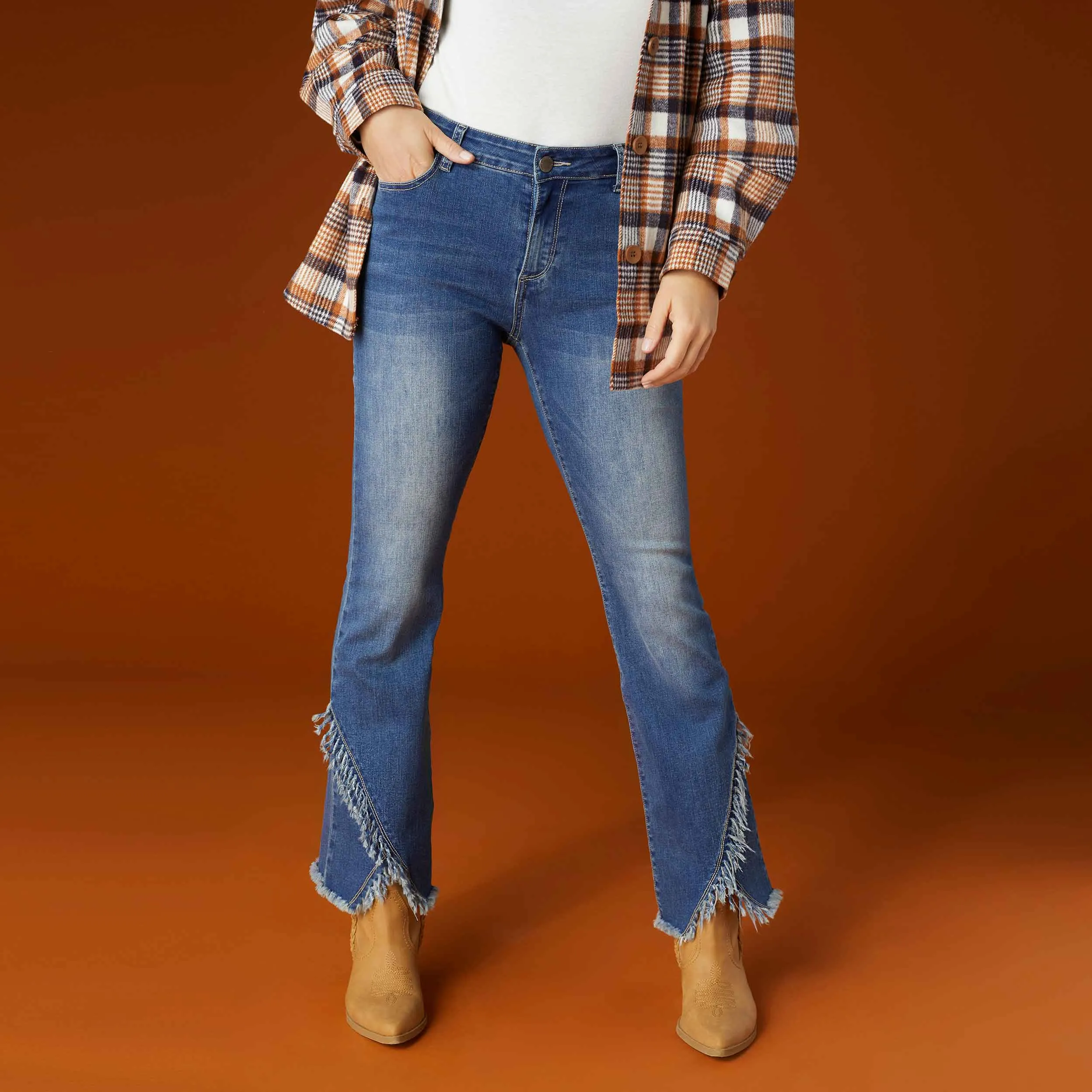 EverStretch Flare with Crossover Fringe Bottom - Medium Denim