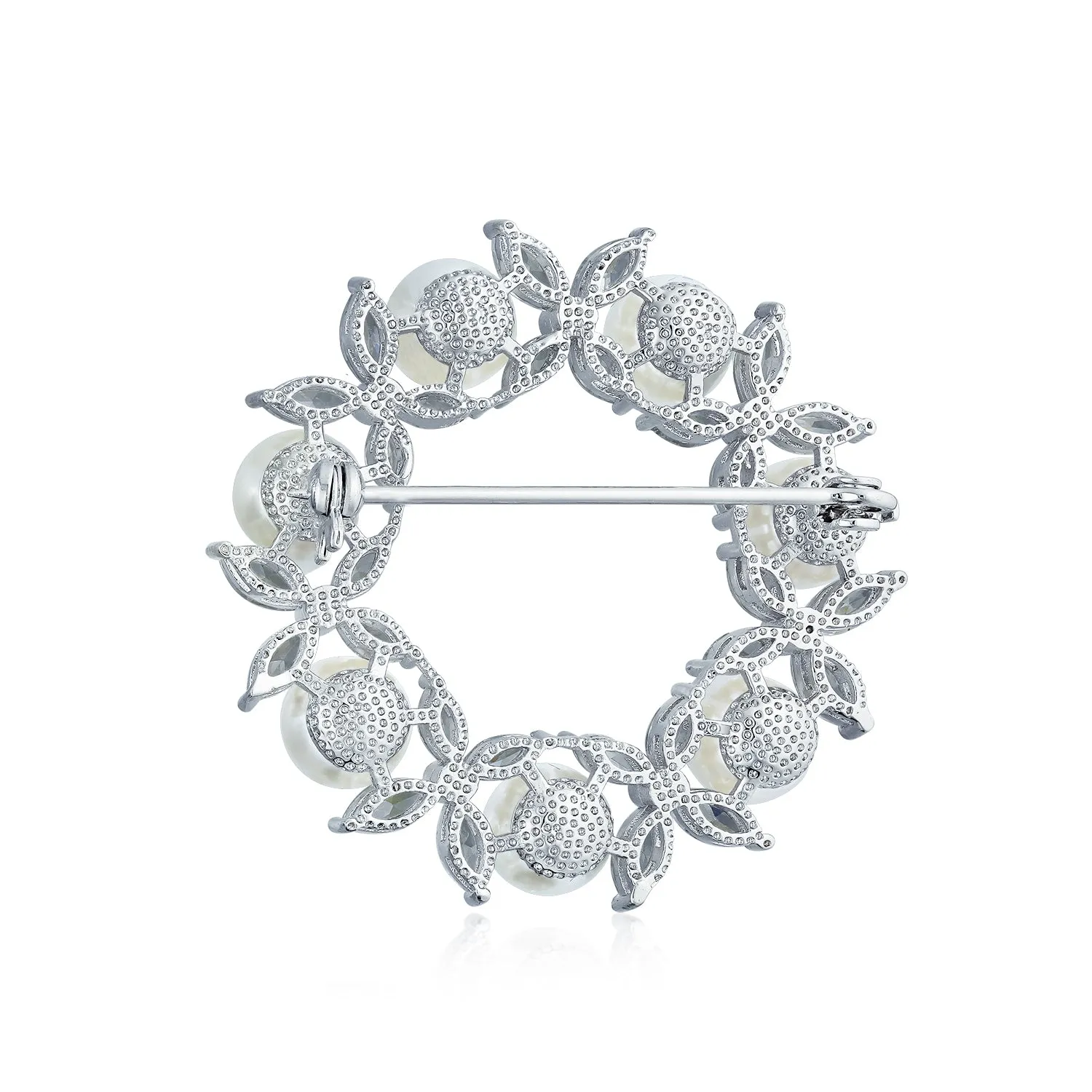 Holiday Bridal Crystal White Pearl Circle Leaf Wreath Scarf Brooch Pin