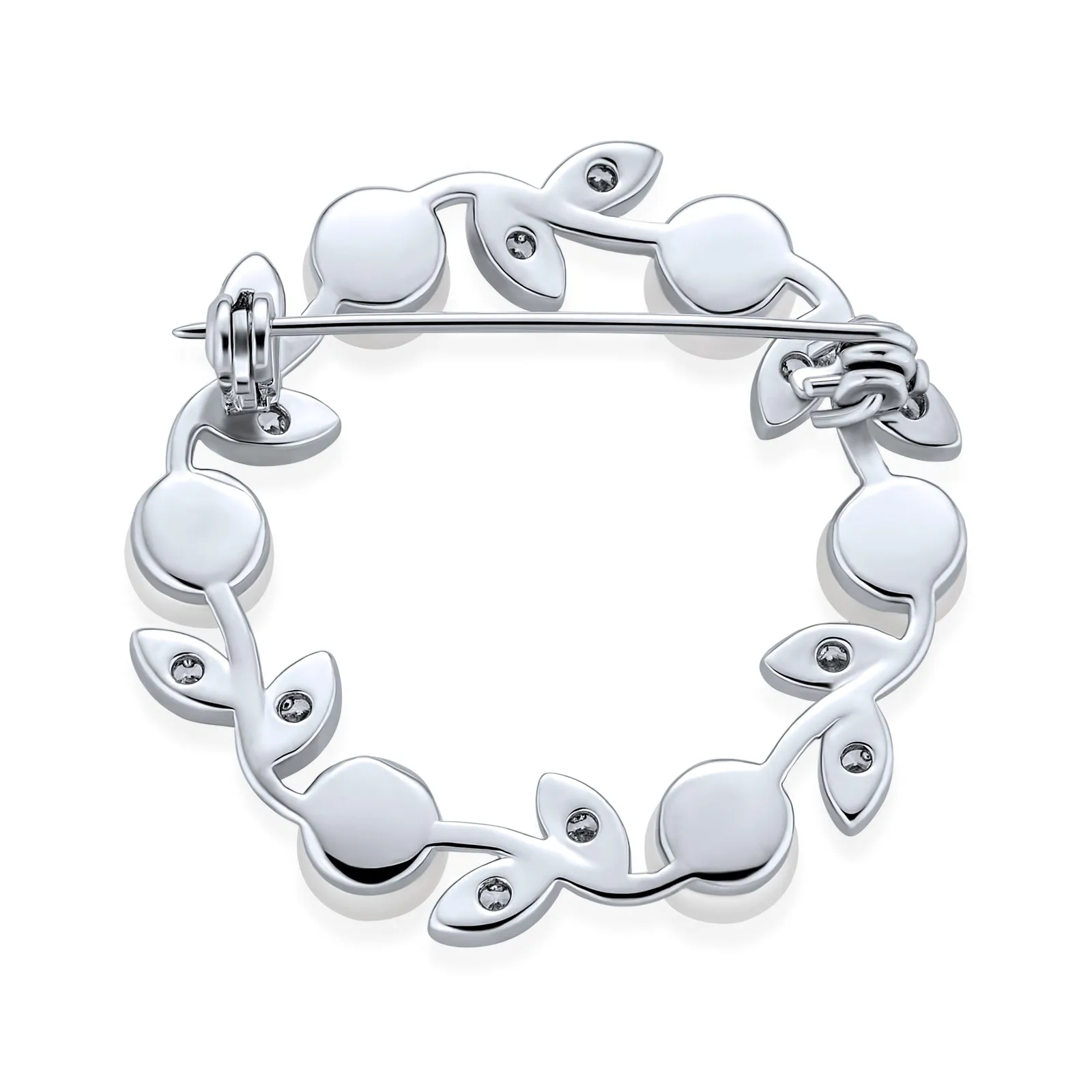 Holiday Bridal Crystal White Pearl Circle Leaf Wreath Scarf Brooch Pin