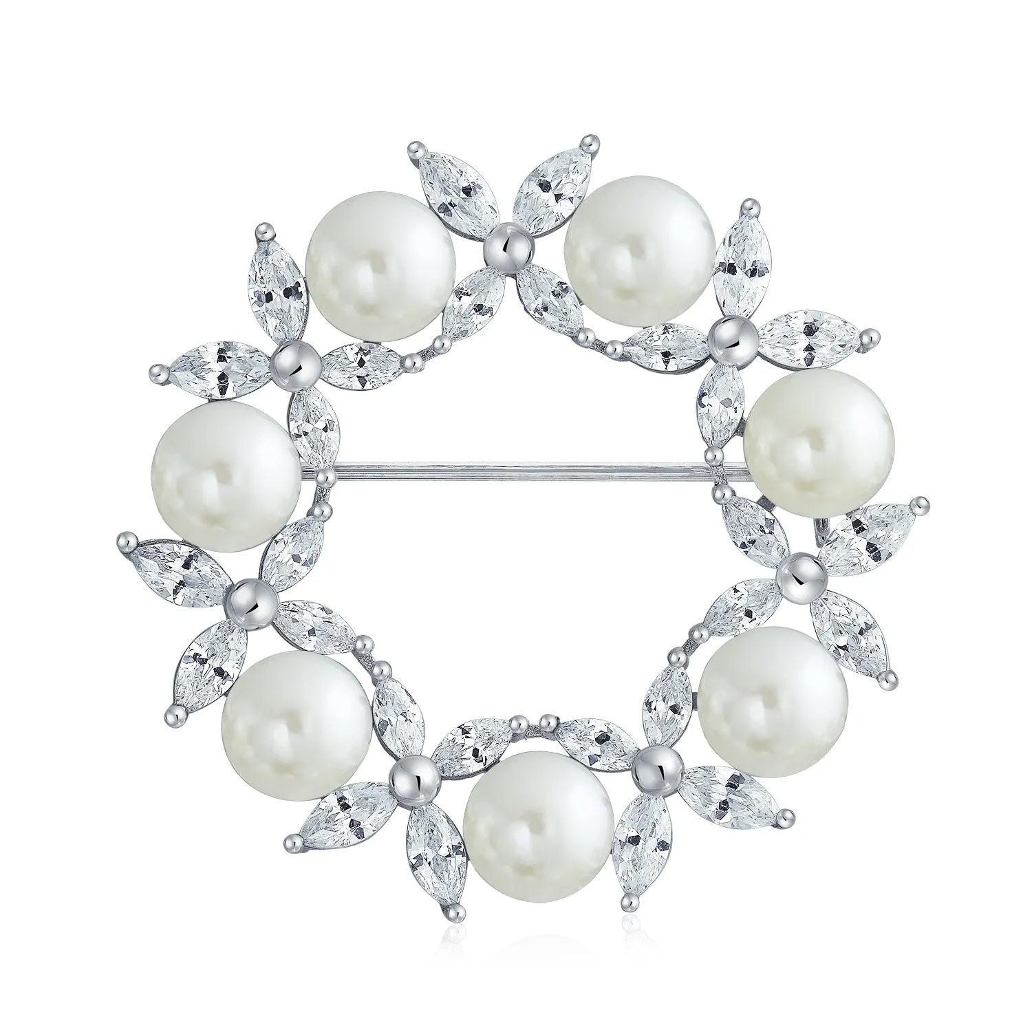 Holiday Bridal Crystal White Pearl Circle Leaf Wreath Scarf Brooch Pin