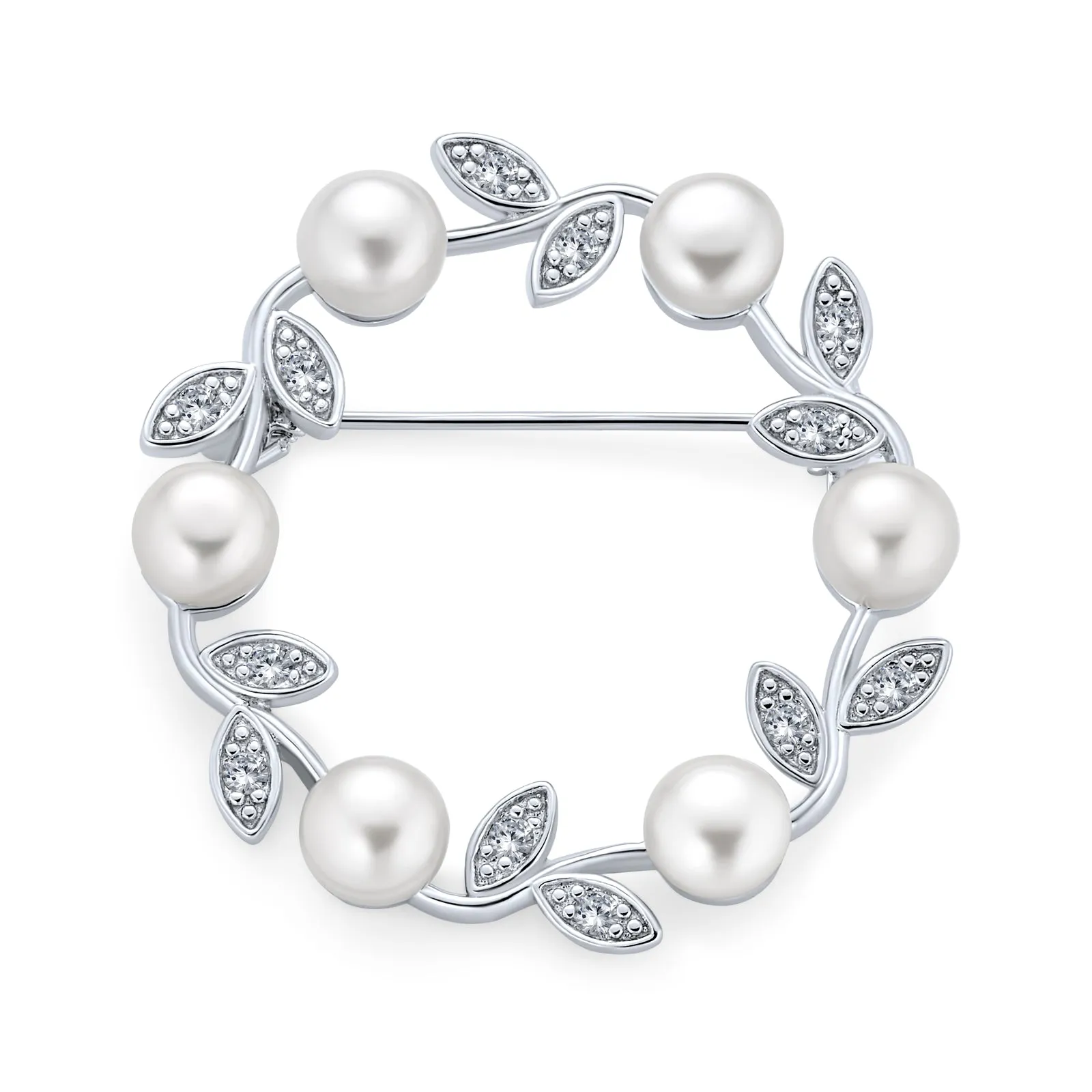 Holiday Bridal Crystal White Pearl Circle Leaf Wreath Scarf Brooch Pin