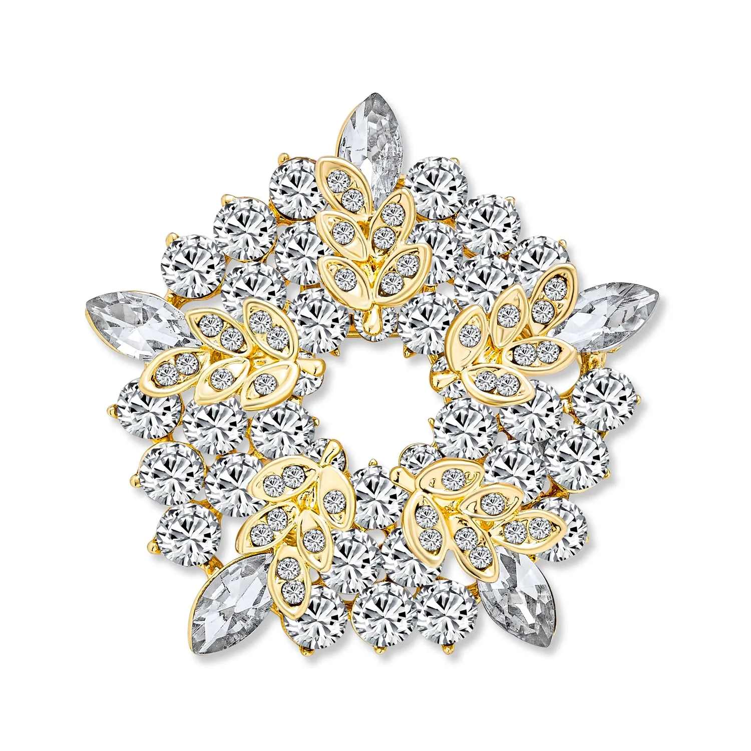 Holiday Bridal Crystal White Pearl Circle Leaf Wreath Scarf Brooch Pin