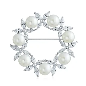 Holiday Bridal Crystal White Pearl Circle Leaf Wreath Scarf Brooch Pin