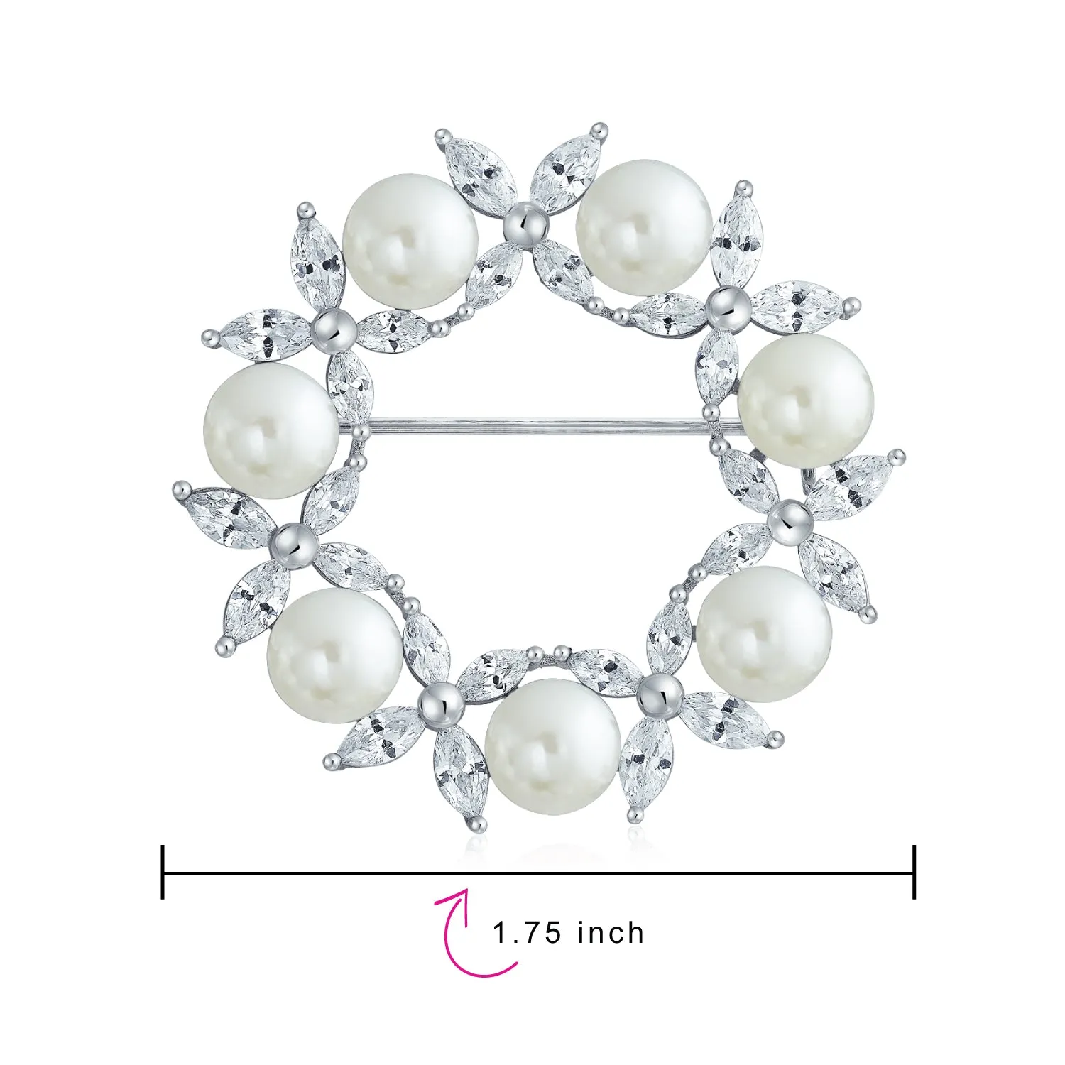 Holiday Bridal Crystal White Pearl Circle Leaf Wreath Scarf Brooch Pin
