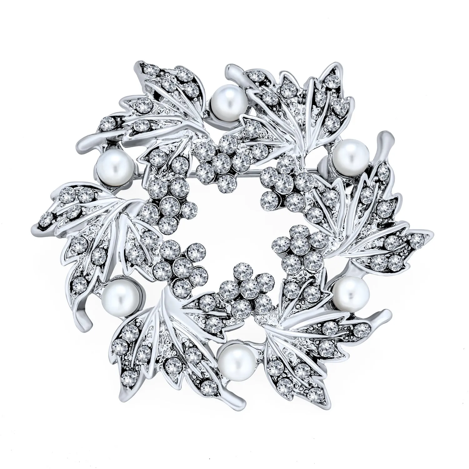 Holiday Bridal Crystal White Pearl Circle Leaf Wreath Scarf Brooch Pin