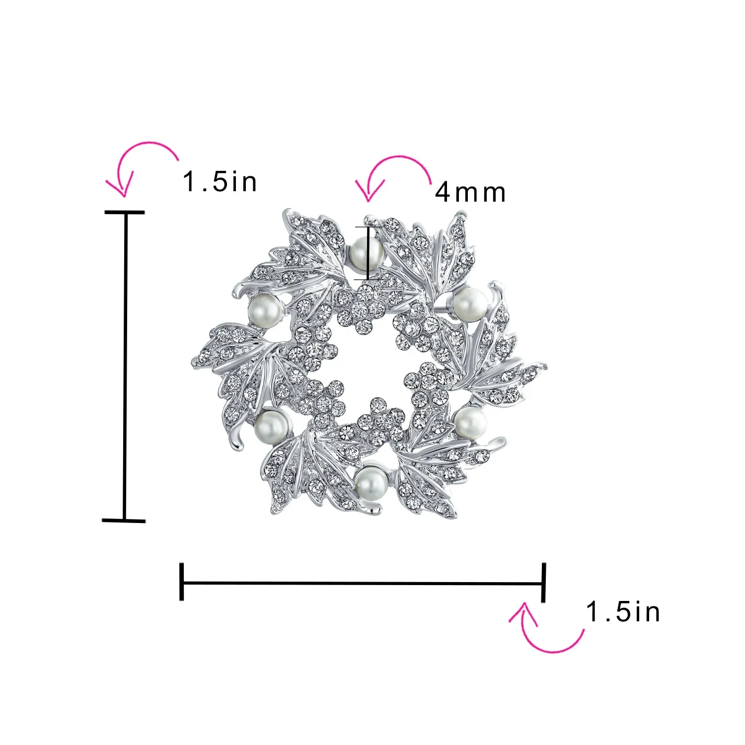 Holiday Bridal Crystal White Pearl Circle Leaf Wreath Scarf Brooch Pin