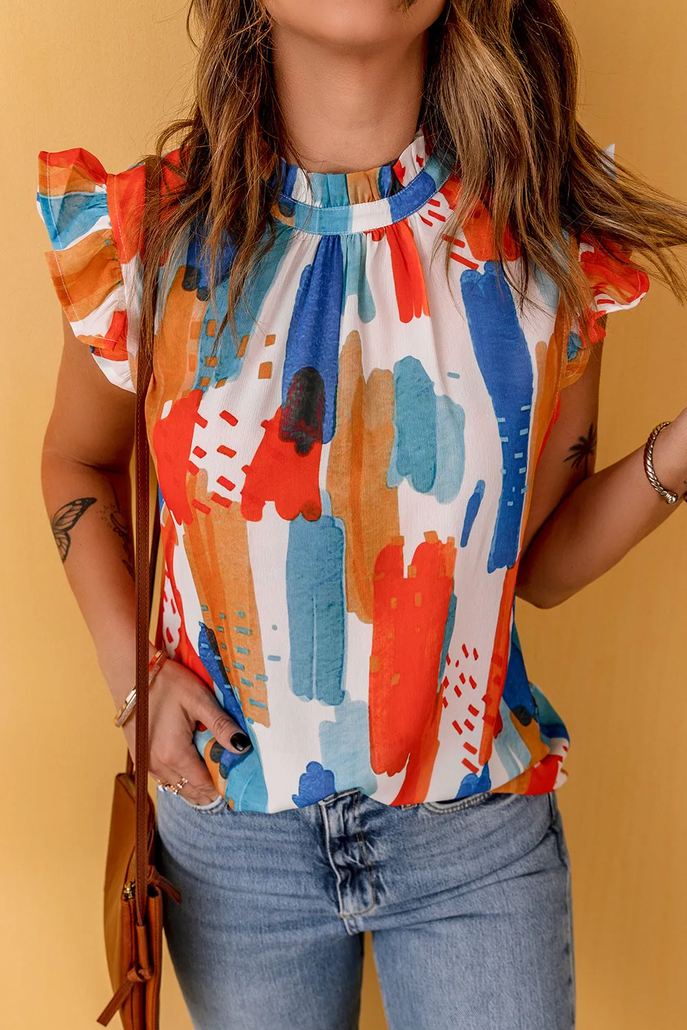 Multicolor Printed Ruffle Flutter Sleeve Tank Top