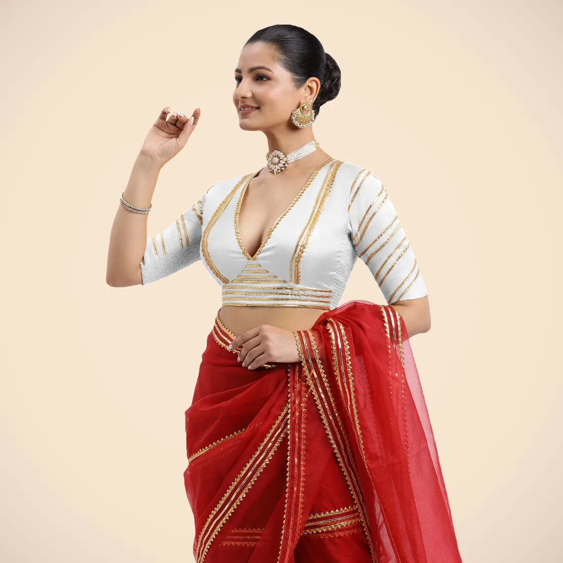 Navya x Tyohaar | Pearl White Elbow Sleeves FlexiFit™ Saree Blouse with Plunging V Neckline with Tasteful Golden Gota Lace