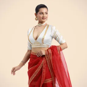 Navya x Tyohaar | Pearl White Elbow Sleeves FlexiFit™ Saree Blouse with Plunging V Neckline with Tasteful Golden Gota Lace