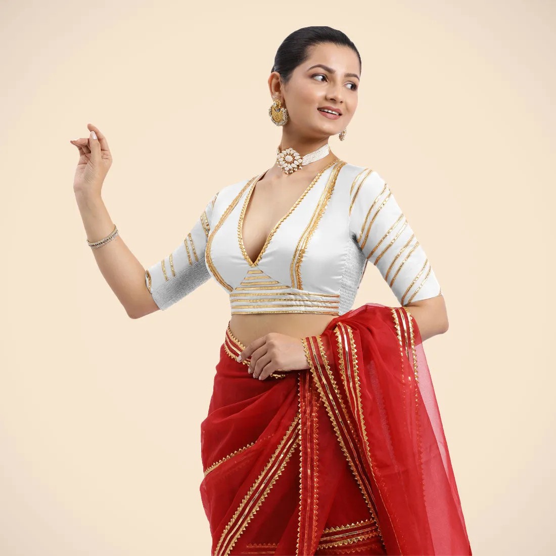 Navya x Tyohaar | Pearl White Elbow Sleeves FlexiFit™ Saree Blouse with Plunging V Neckline with Tasteful Golden Gota Lace