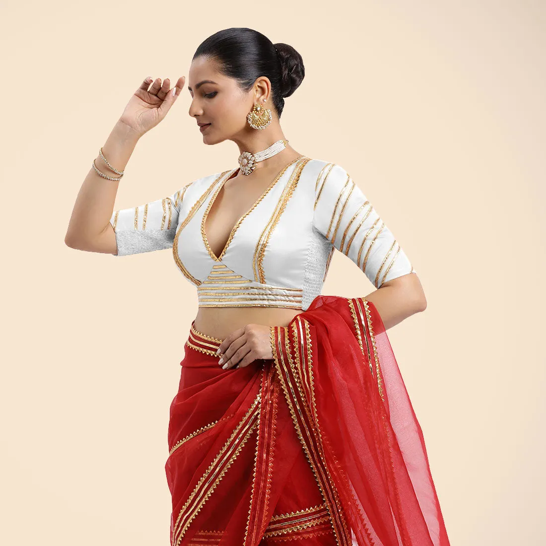 Navya x Tyohaar | Pearl White Elbow Sleeves FlexiFit™ Saree Blouse with Plunging V Neckline with Tasteful Golden Gota Lace
