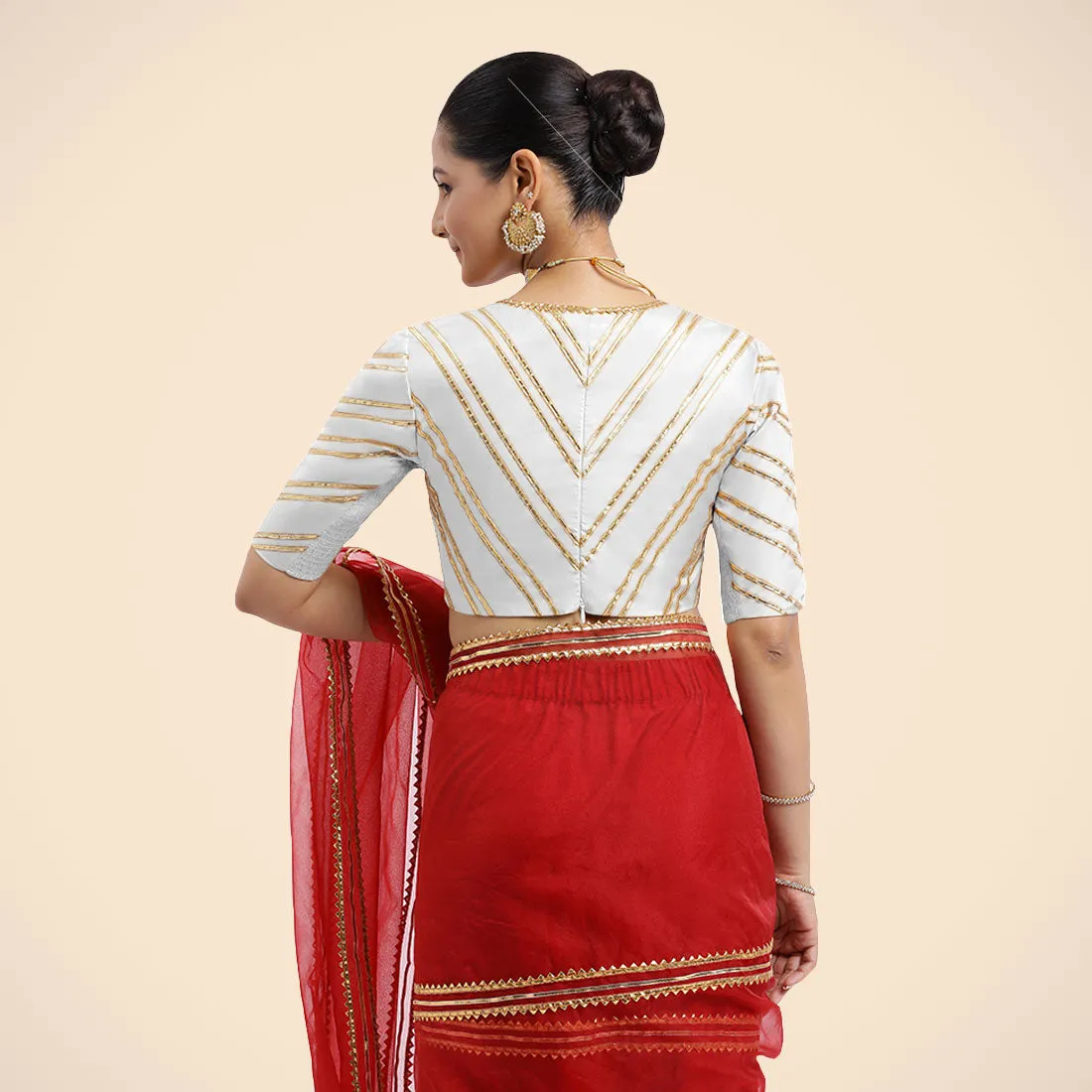 Navya x Tyohaar | Pearl White Elbow Sleeves FlexiFit™ Saree Blouse with Plunging V Neckline with Tasteful Golden Gota Lace