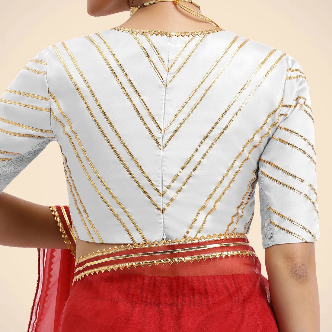 Navya x Tyohaar | Pearl White Elbow Sleeves FlexiFit™ Saree Blouse with Plunging V Neckline with Tasteful Golden Gota Lace