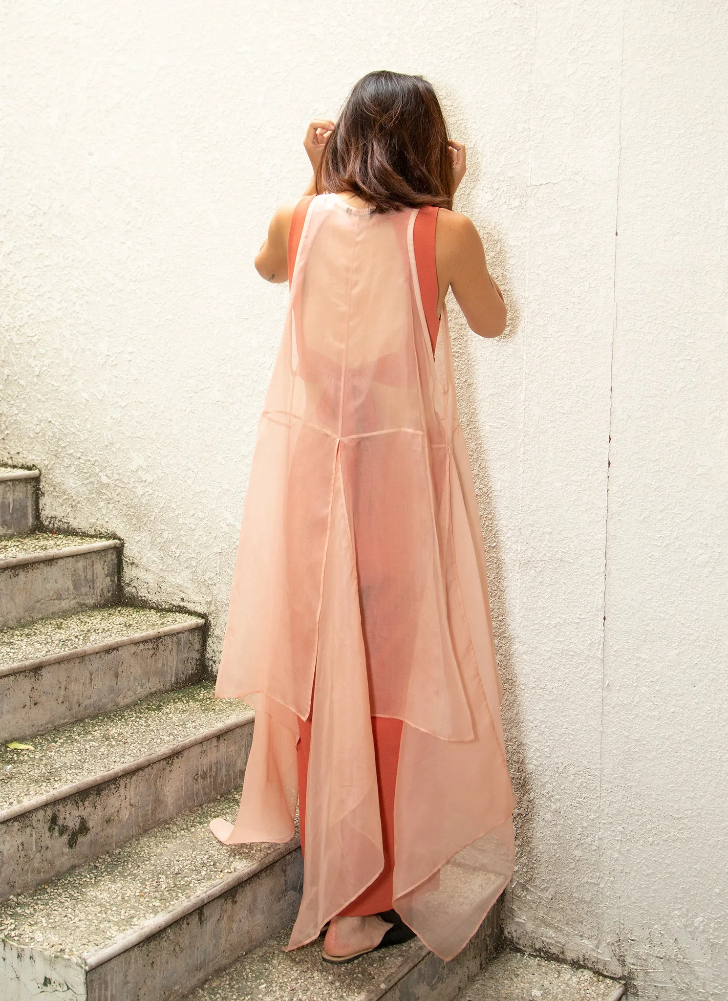 Peacock V Shape Silk Organza Dress in Rose Pink