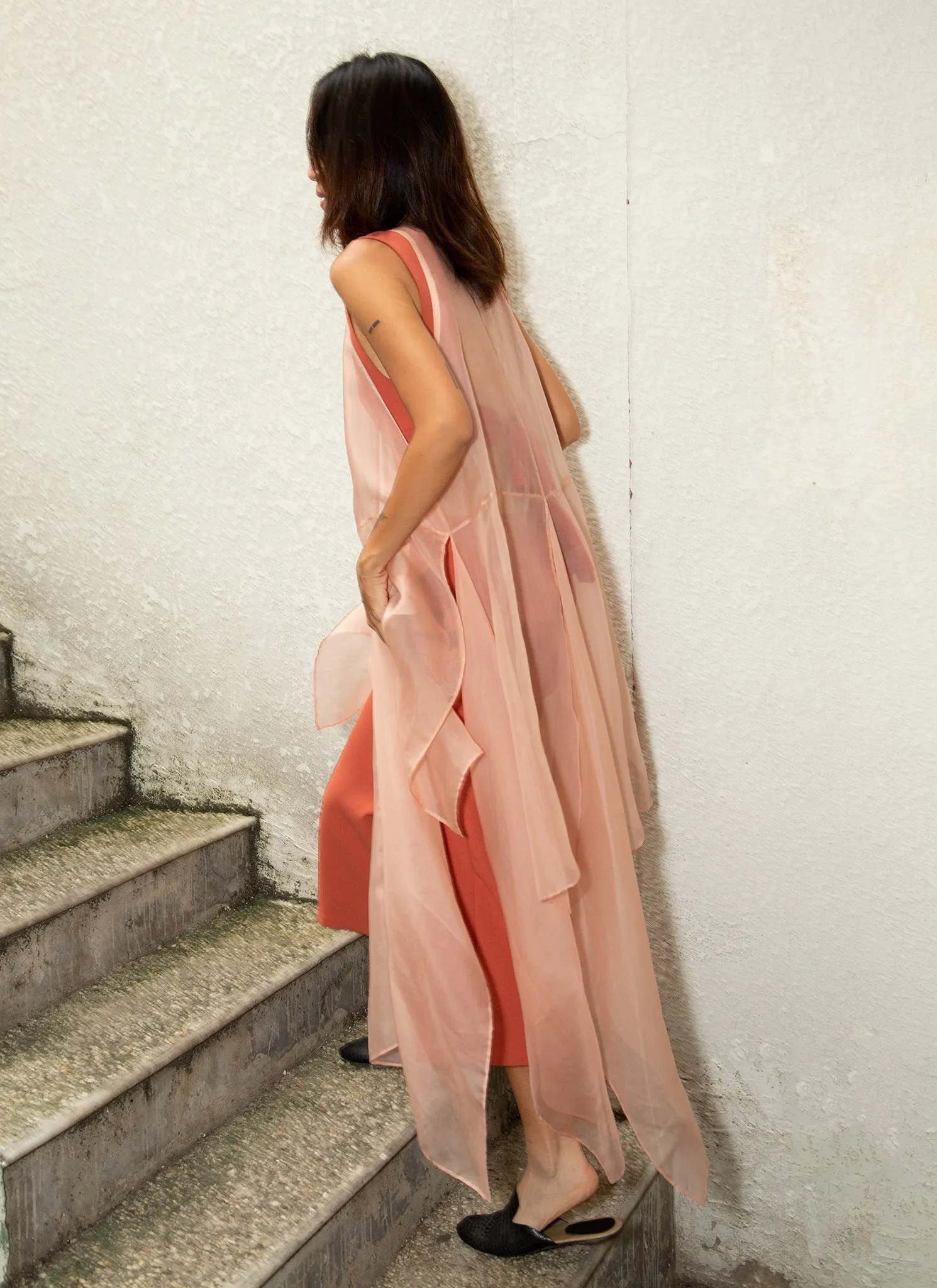 Peacock V Shape Silk Organza Dress in Rose Pink