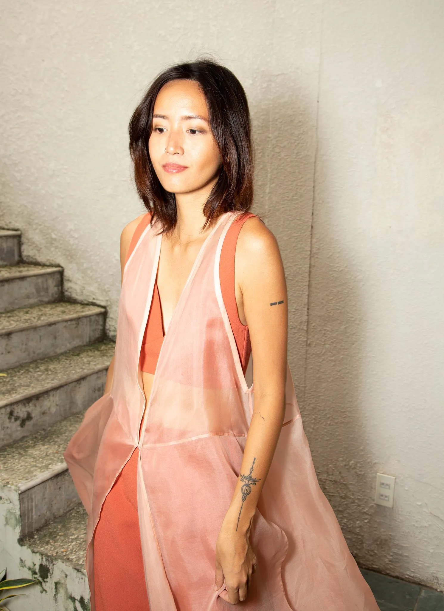Peacock V Shape Silk Organza Dress in Rose Pink