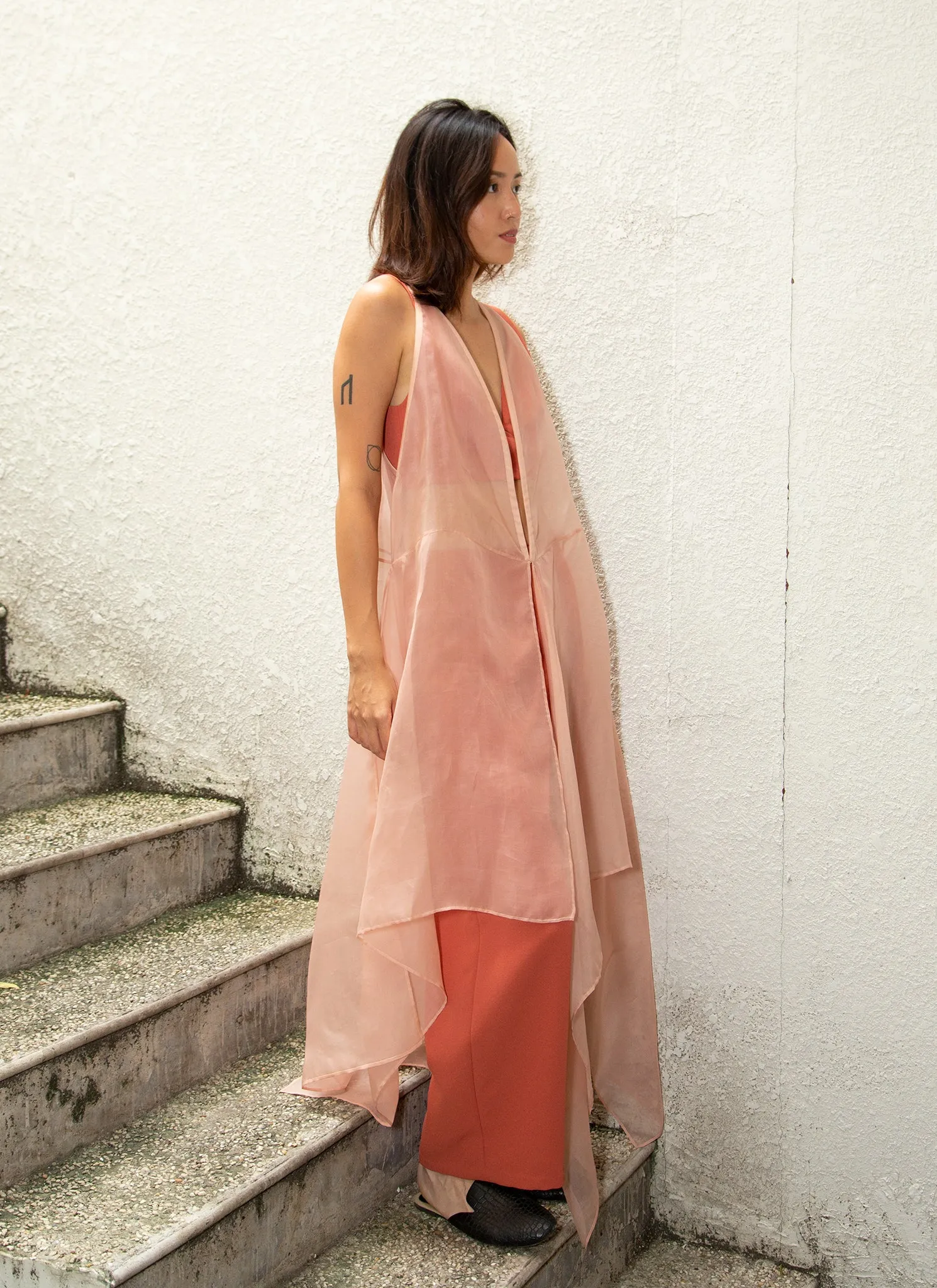 Peacock V Shape Silk Organza Dress in Rose Pink