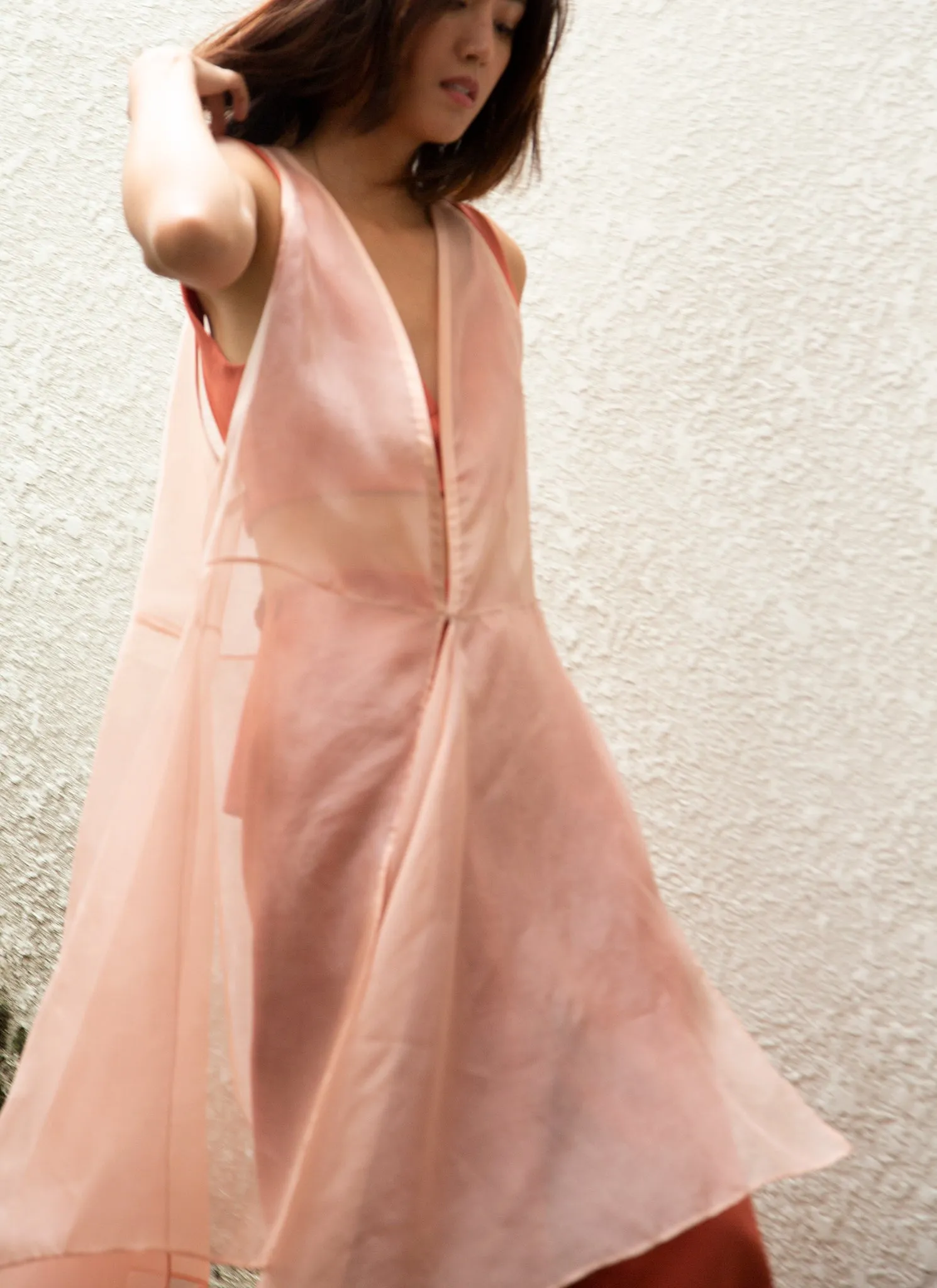 Peacock V Shape Silk Organza Dress in Rose Pink