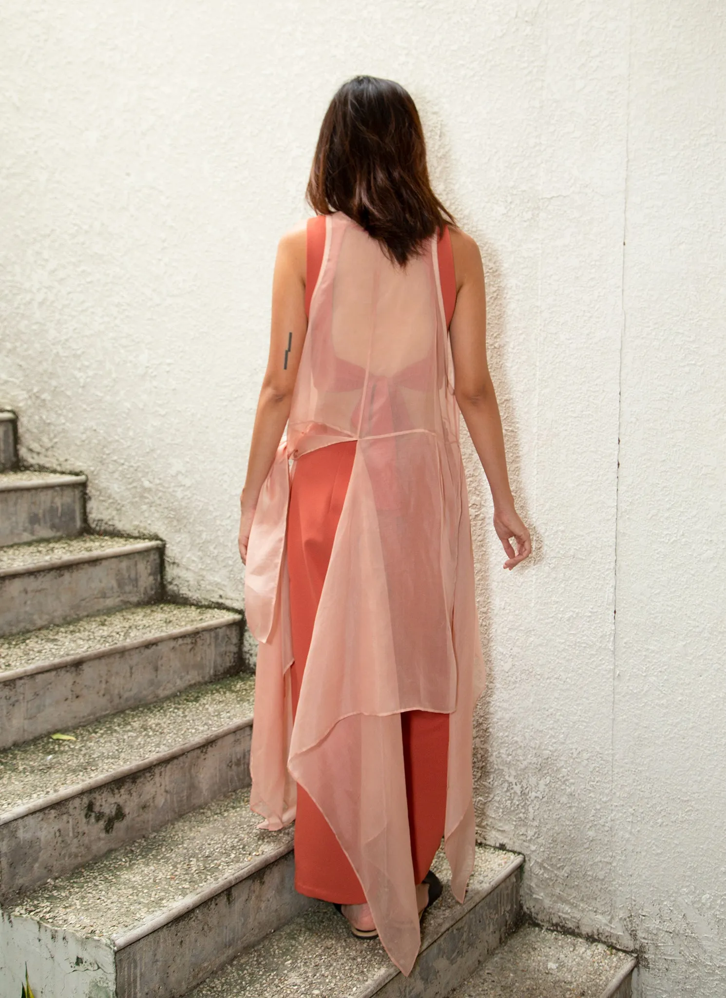 Peacock V Shape Silk Organza Dress in Rose Pink