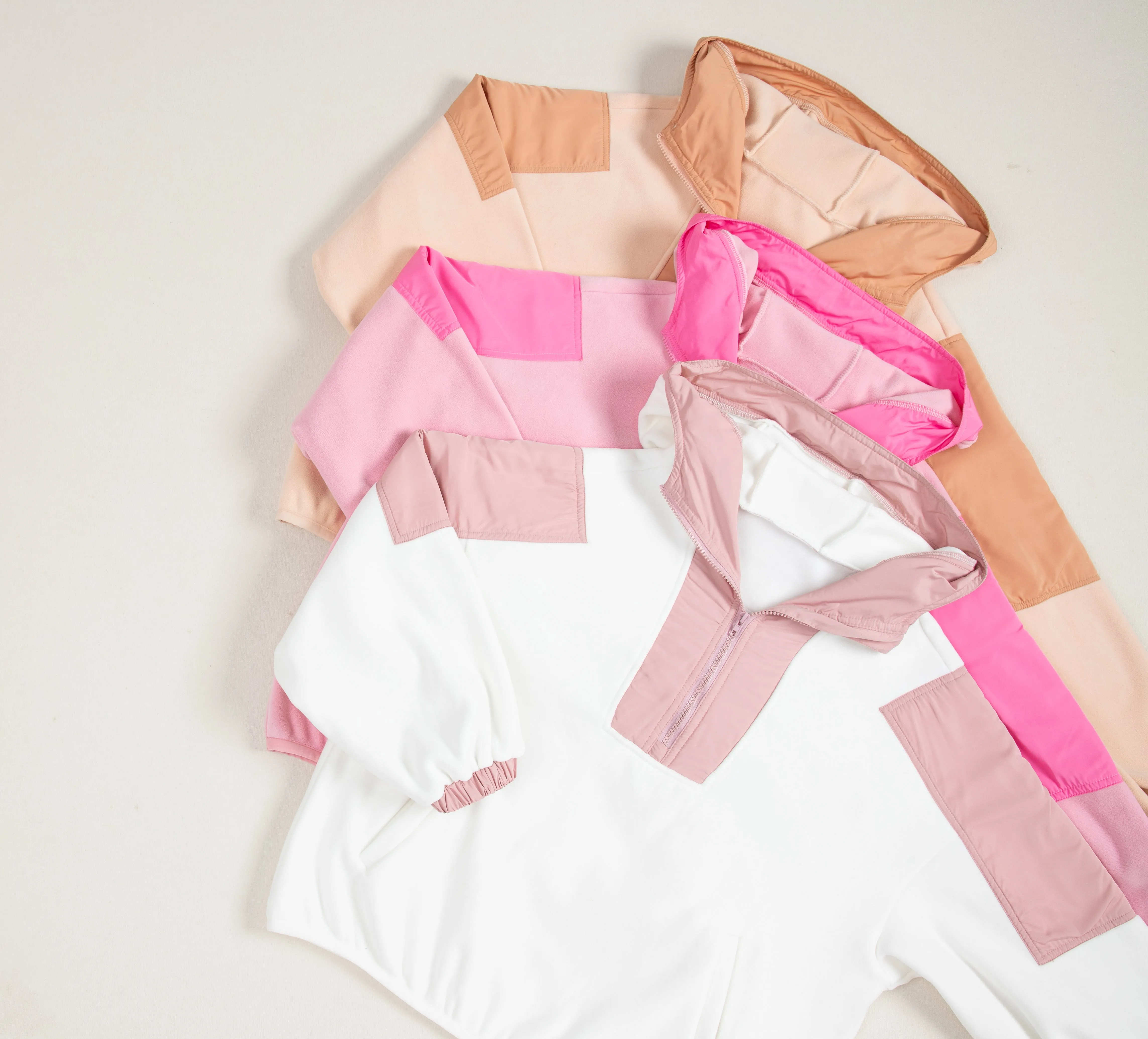Pink Colorblock Patchwork Half Zip Oversized Sherpa Hoodie