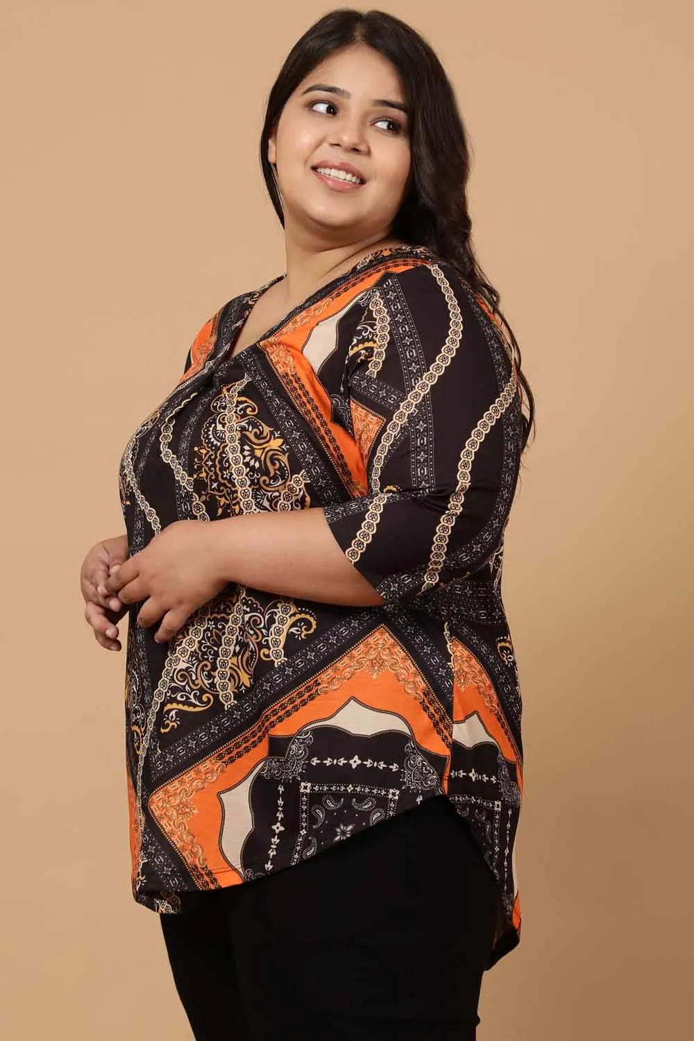 Plus Size Black Baroque Printed Centre Pleat Top