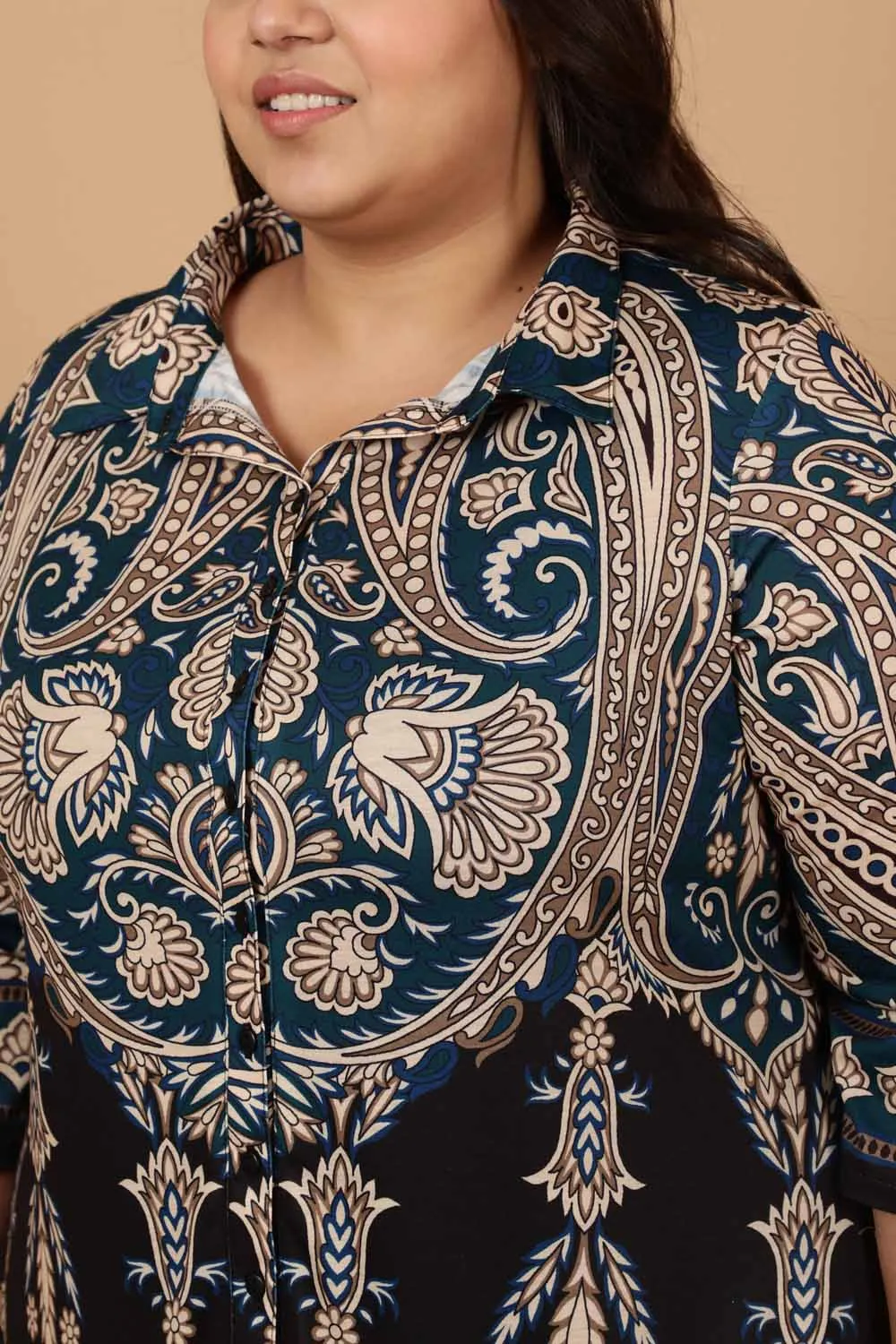 Plus Size Black Luxe Ethnic Print Kurta Cum Shrug