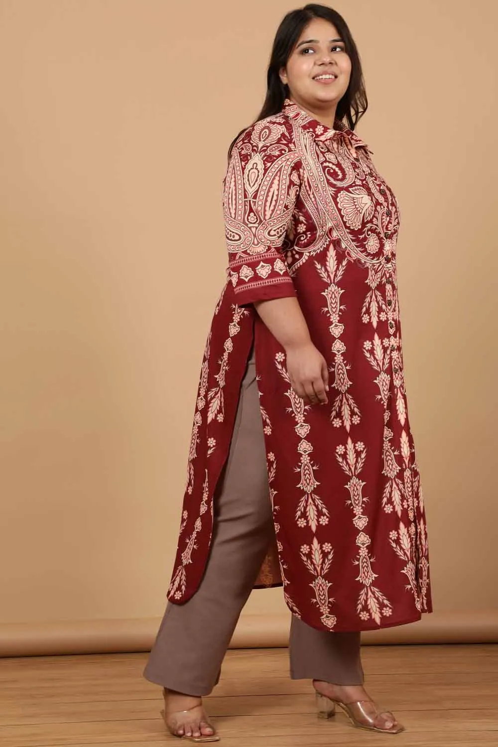 Plus Size Maroon Luxe Ethnic Print Kurta Cum Shrug
