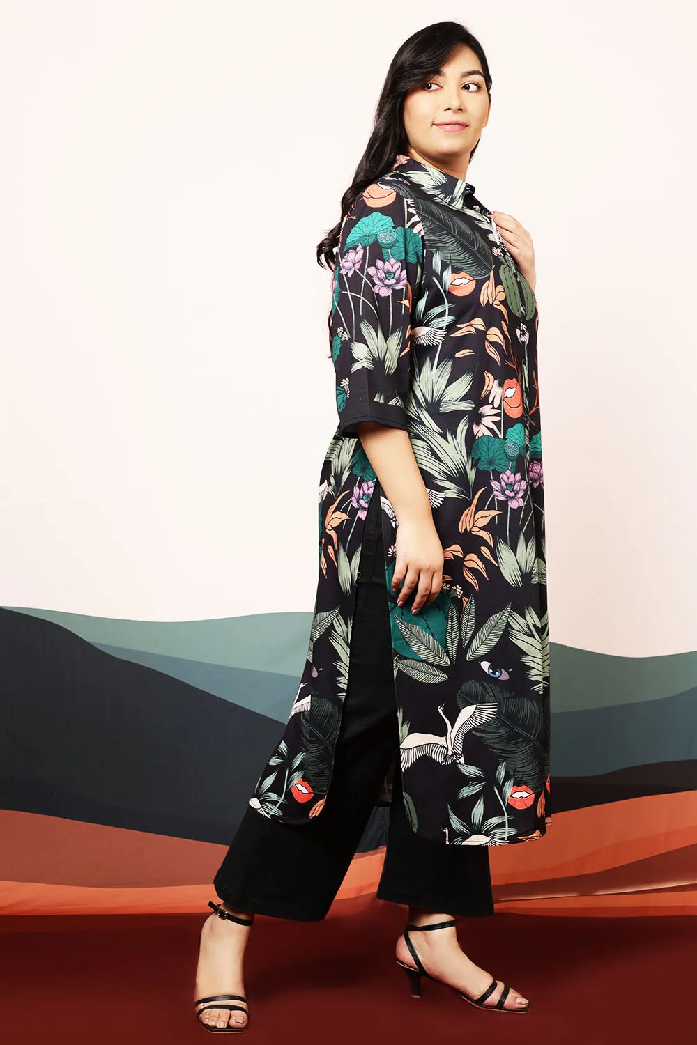 Quirky Wildlife Black Kurta cum Shrug
